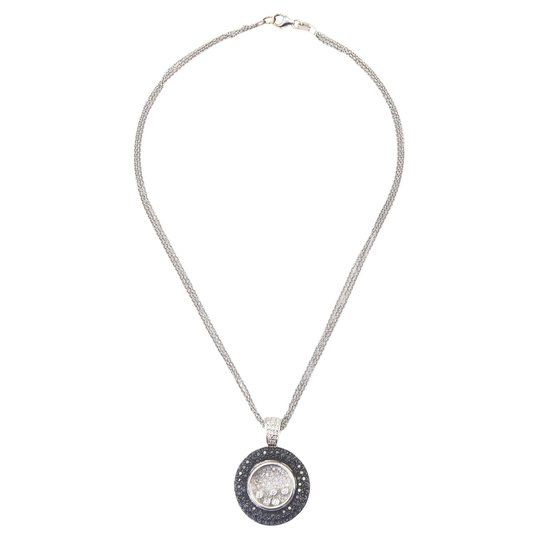 Pave Black and White Diamond Floating Diamond Circle White Gold Pendant Necklace