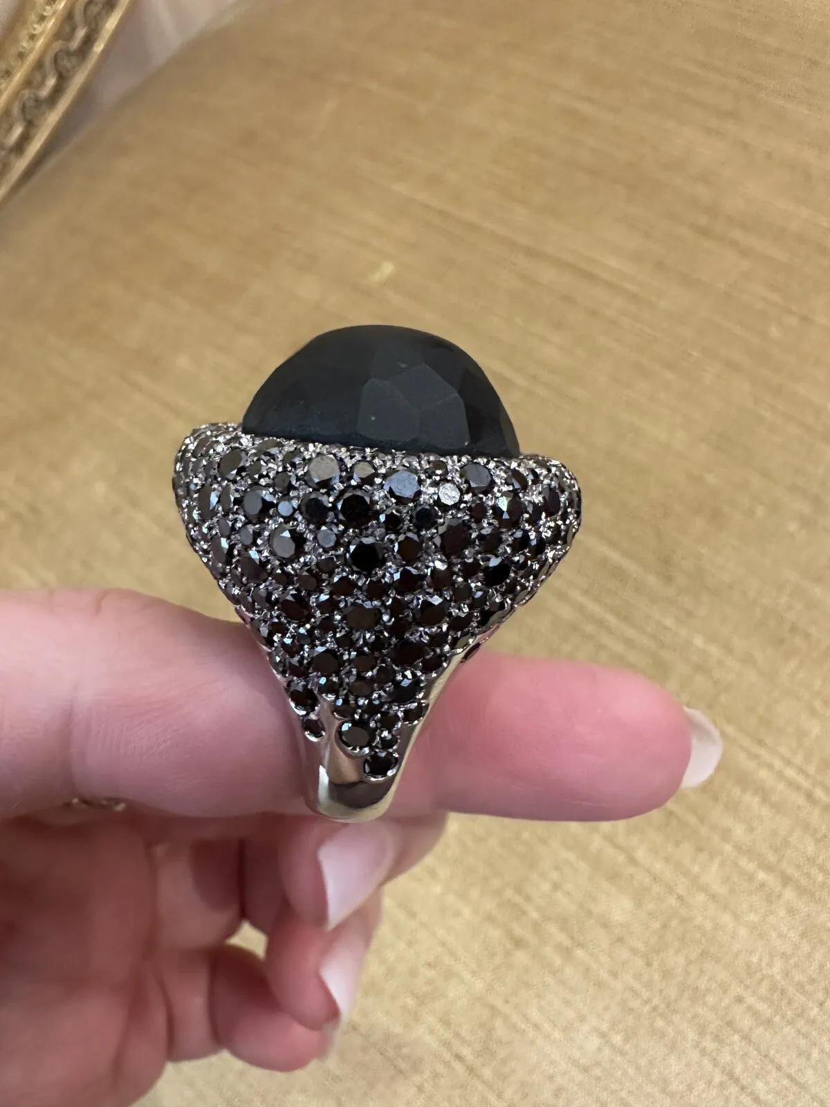Modern Pavé Black Diamond and Obsidian Statement Ring in 18k White Gold For Sale