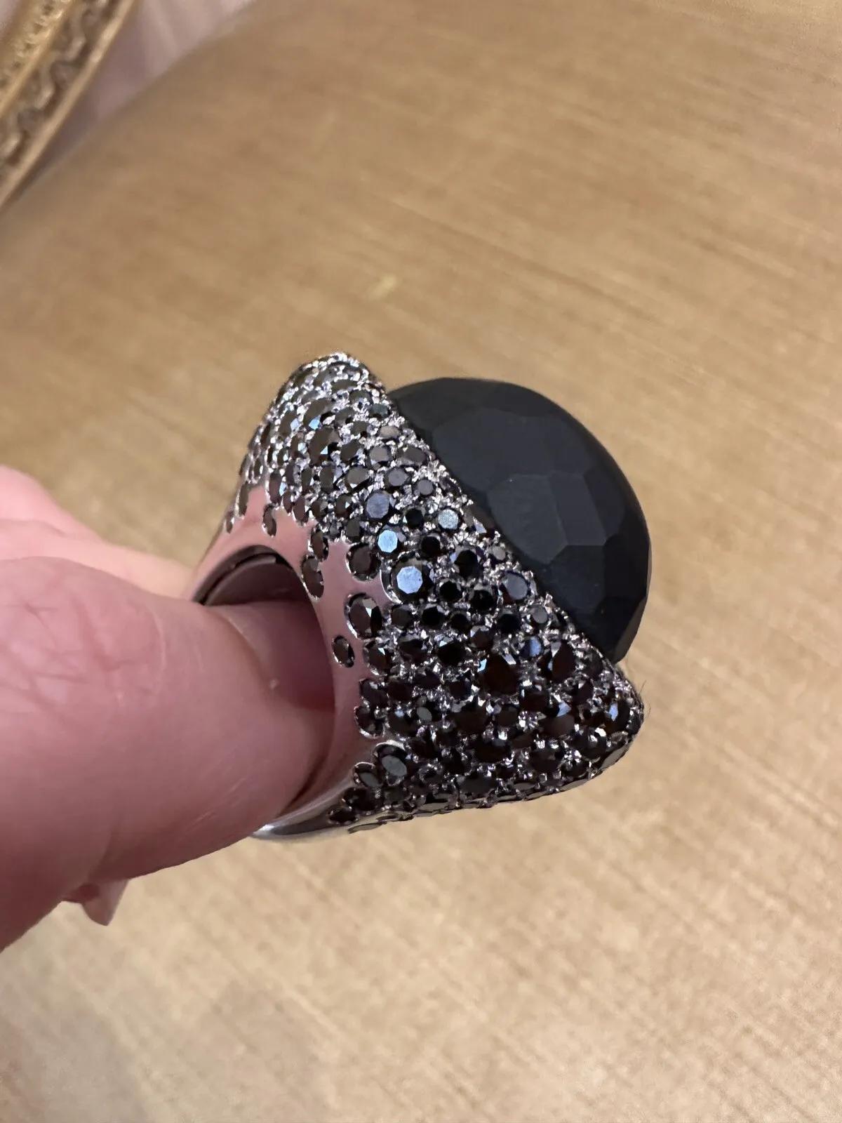 Round Cut Pavé Black Diamond and Obsidian Statement Ring in 18k White Gold For Sale