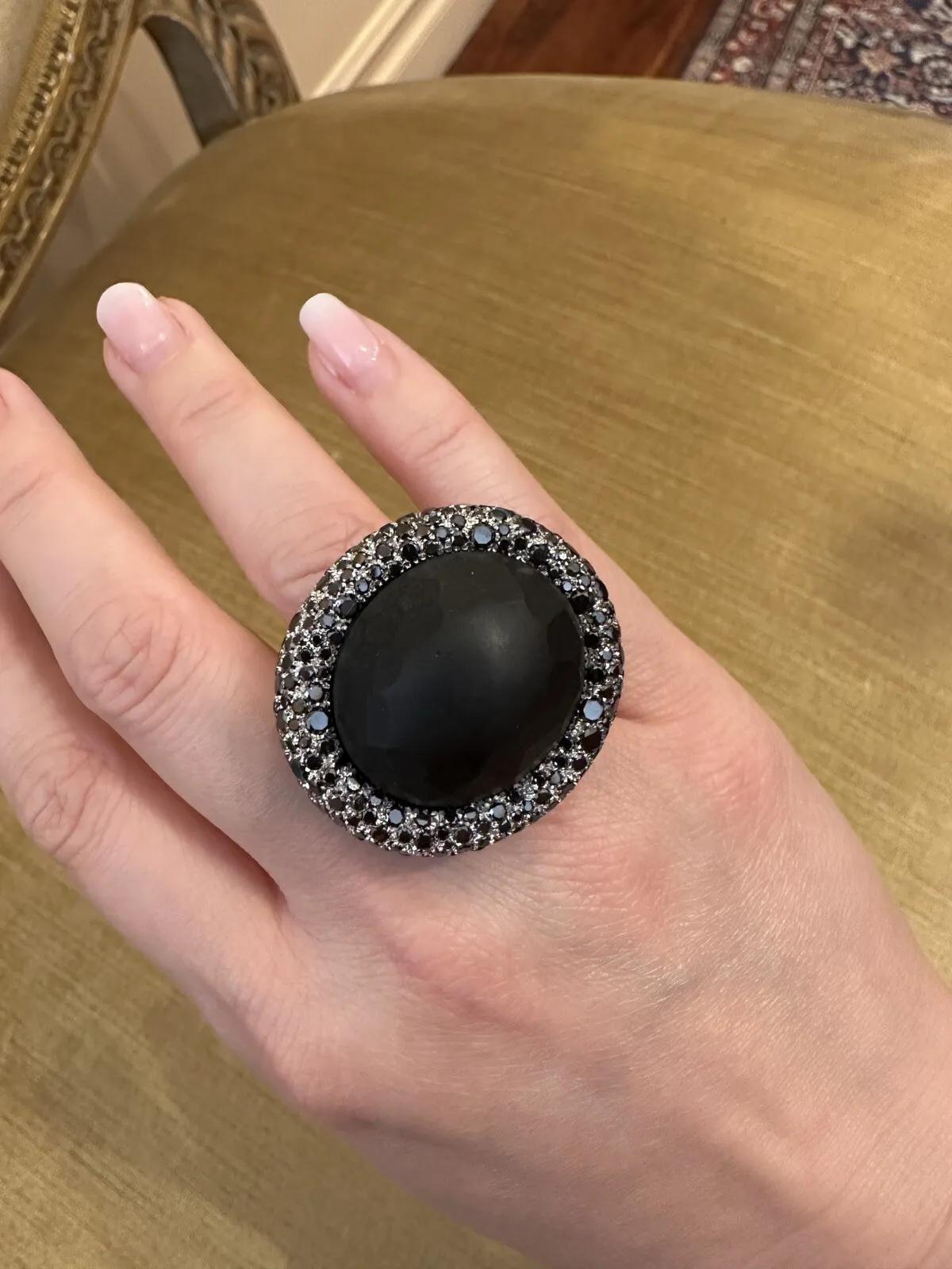 Women's or Men's Pavé Black Diamond and Obsidian Statement Ring in 18k White Gold For Sale