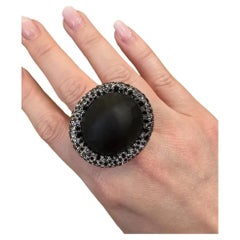 Pavé Black Diamond and Obsidian Statement Ring in 18k White Gold