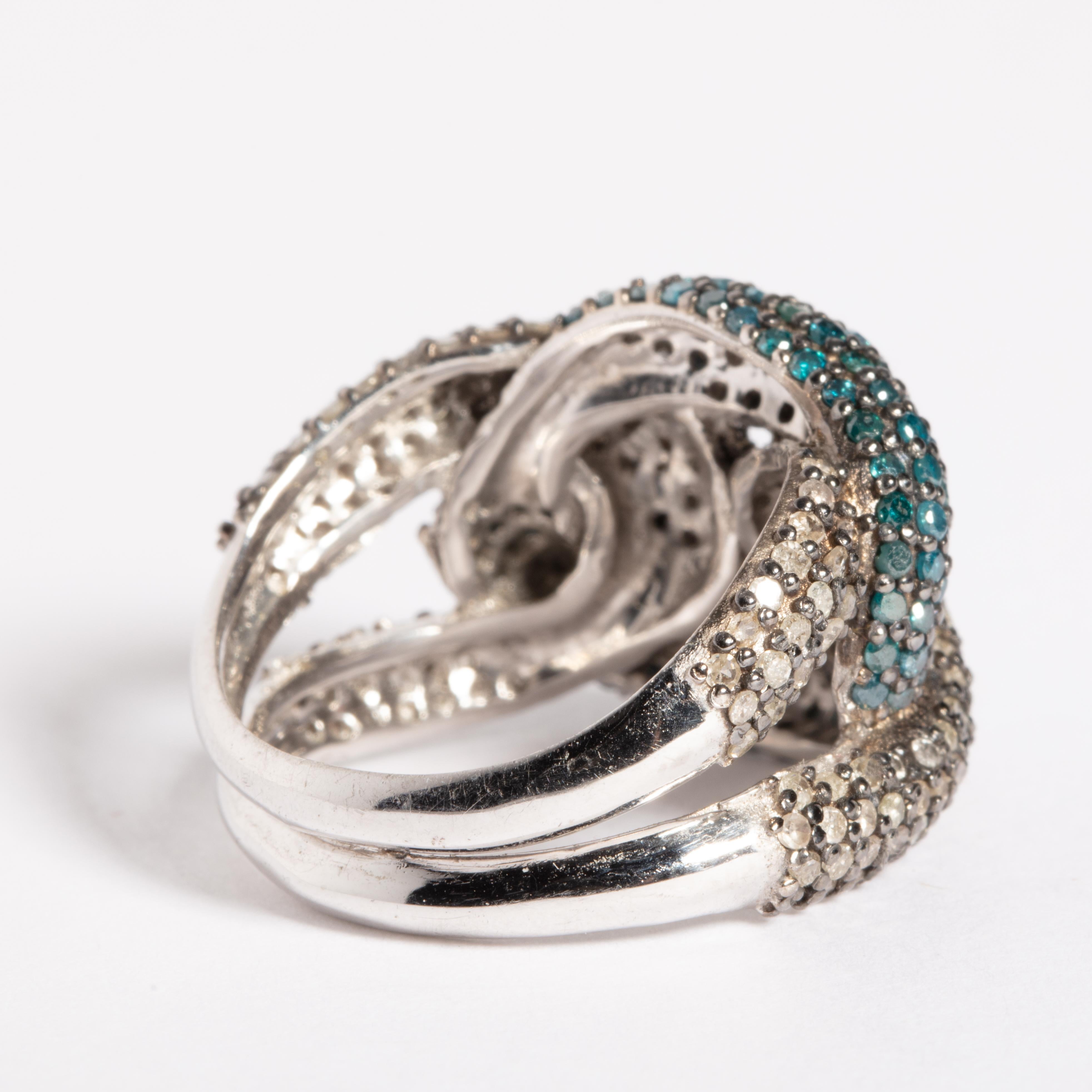 Women's or Men's Pavé-Set Blue and White Diamond Knot Cocktail Ring