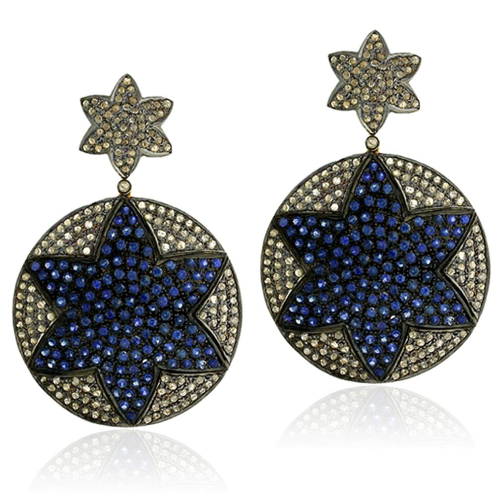 Mixed Cut Pave Blue Sapphire and Diamond Earring In 14k Gold & Silver For Sale