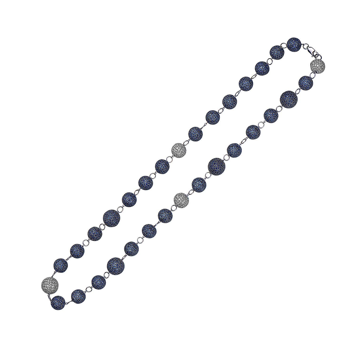 Art Deco Pave Blue Sapphire Beads Necklace Made In 14k White Gold For Sale