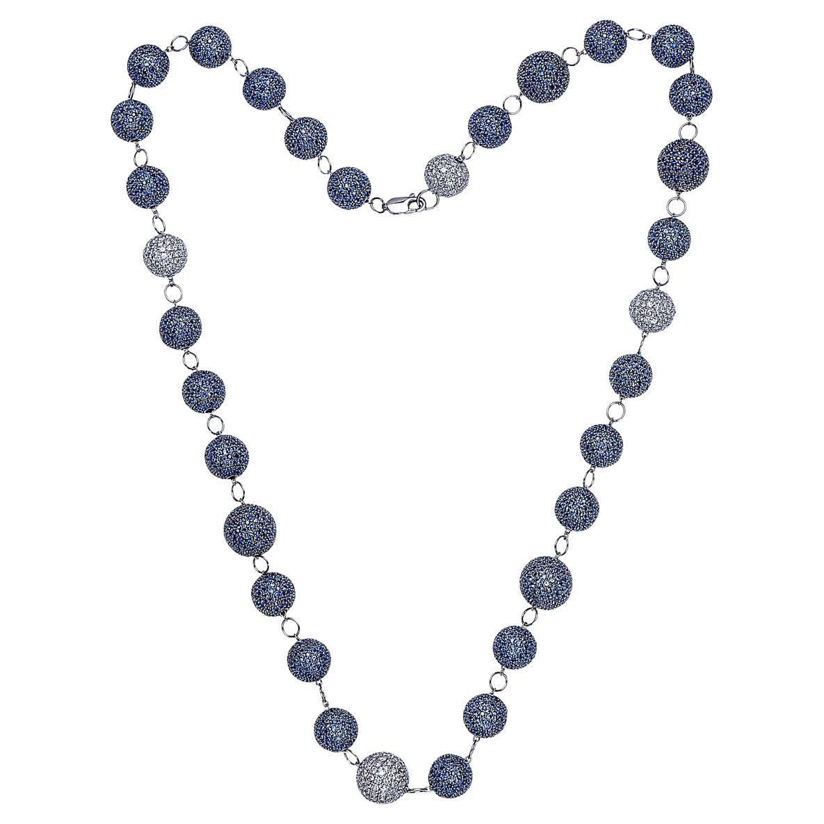 Pave Blue Sapphire Beads Necklace Made In 14k White Gold For Sale