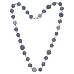 Pave Blue Sapphire Beads Necklace Made In 14k White Gold