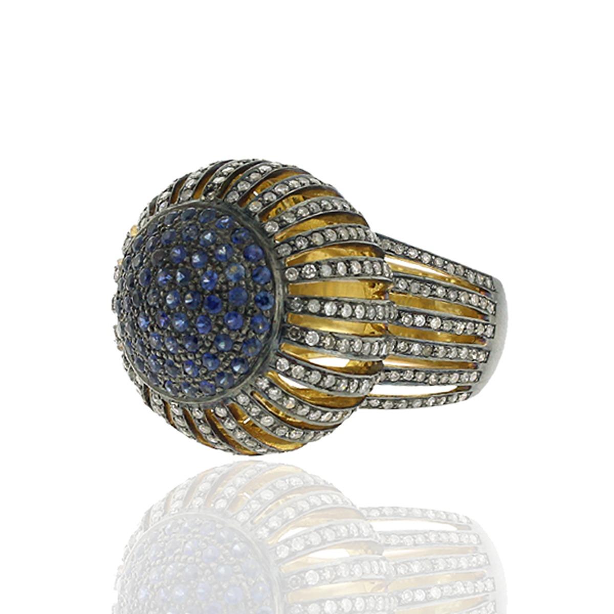 Pave Blue Sapphire & Diamonds Ring Made In 14k Gold In New Condition For Sale In New York, NY