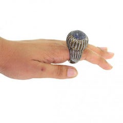 Pave Blue Sapphire & Diamonds Ring Made In 14k Gold