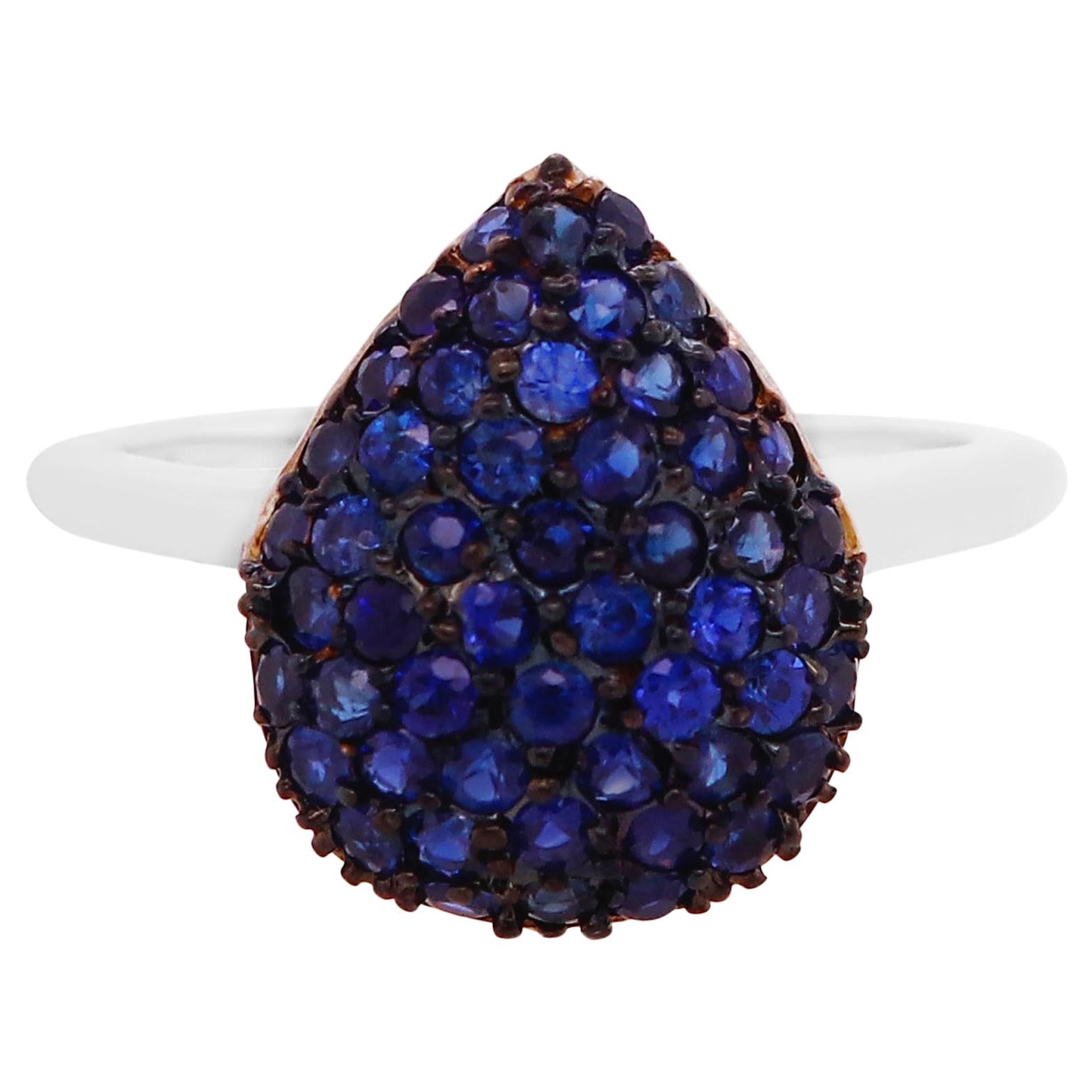 Pave Blue Sapphire Pear Shape Black Rhodium Ring For Sale