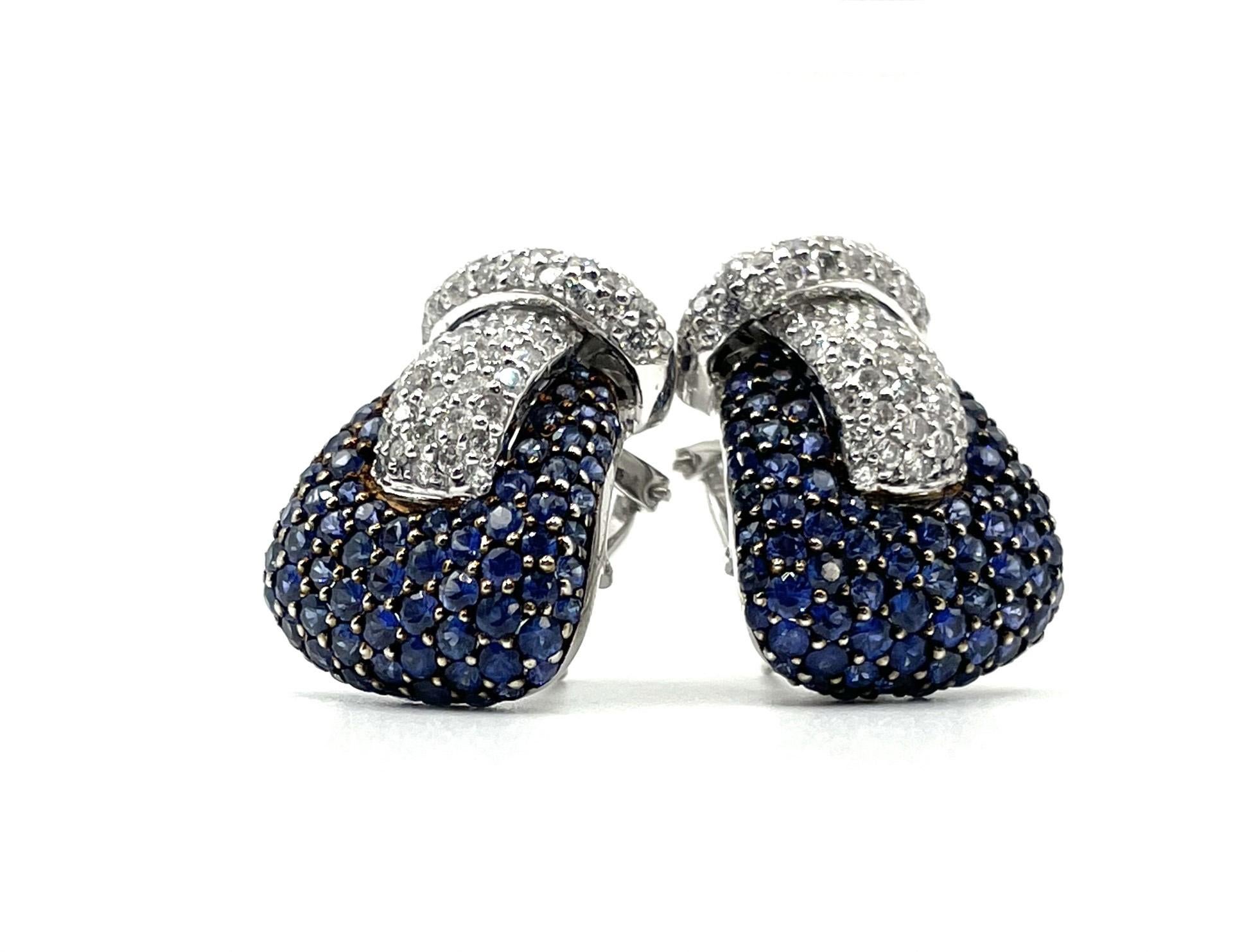 Contemporary Pave Buckle Earrings With Natural Blue Sapphire & Diamond in 18 Karat White Gold For Sale
