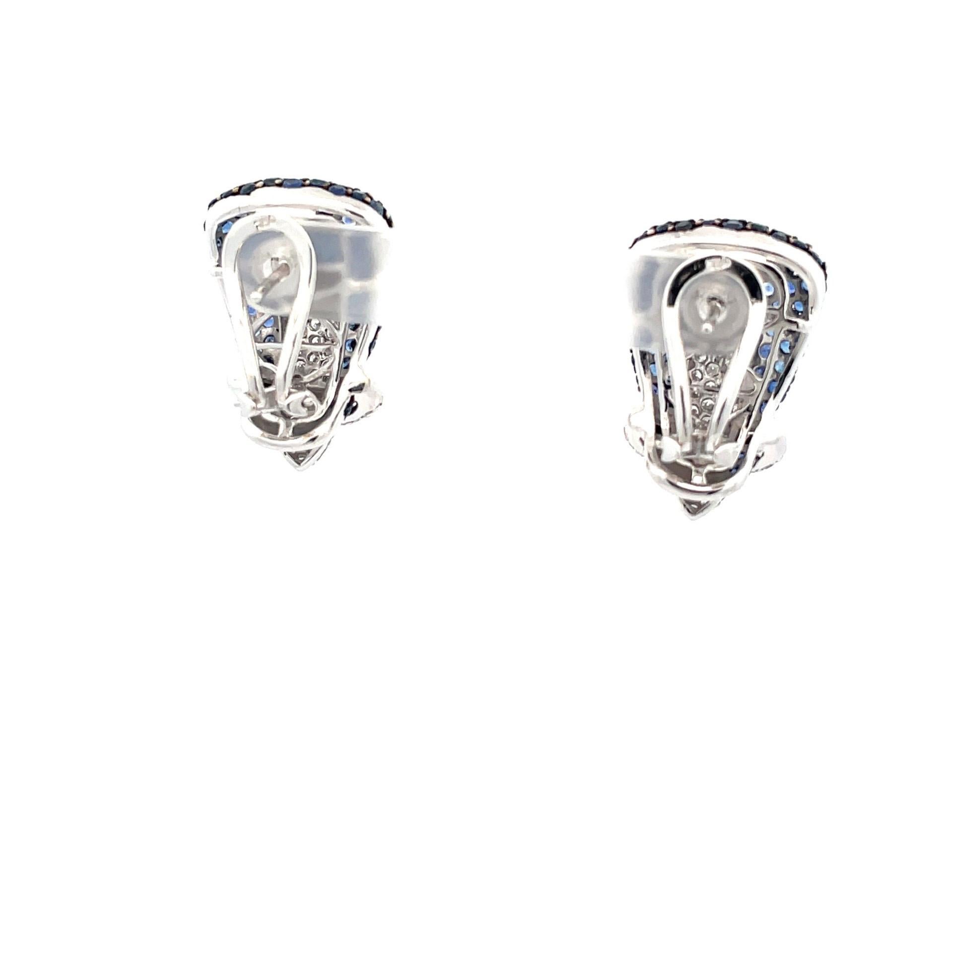 Pave Buckle Earrings With Natural Blue Sapphire & Diamond in 18 Karat White Gold For Sale 1