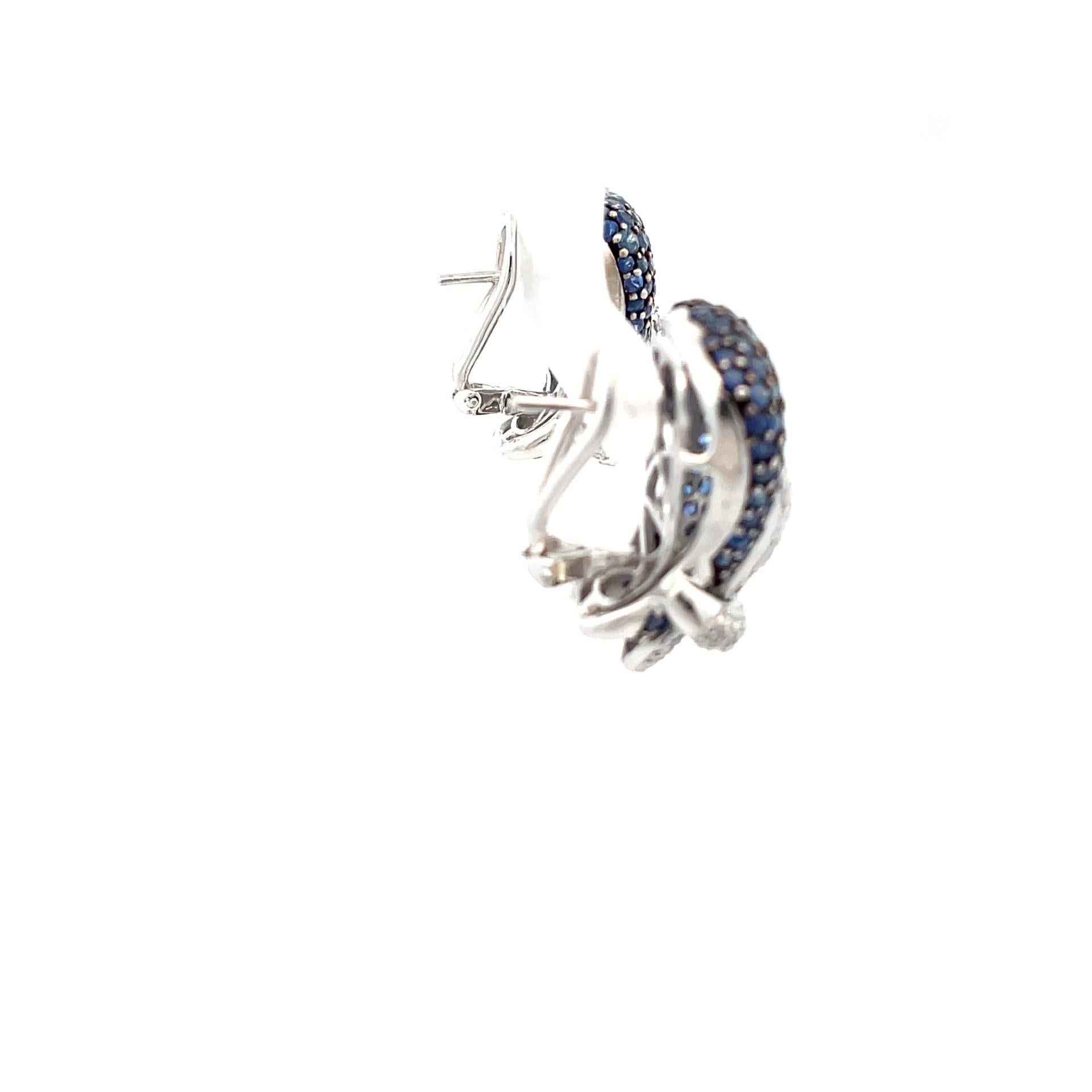 Pave Buckle Earrings With Natural Blue Sapphire & Diamond in 18 Karat White Gold For Sale 2