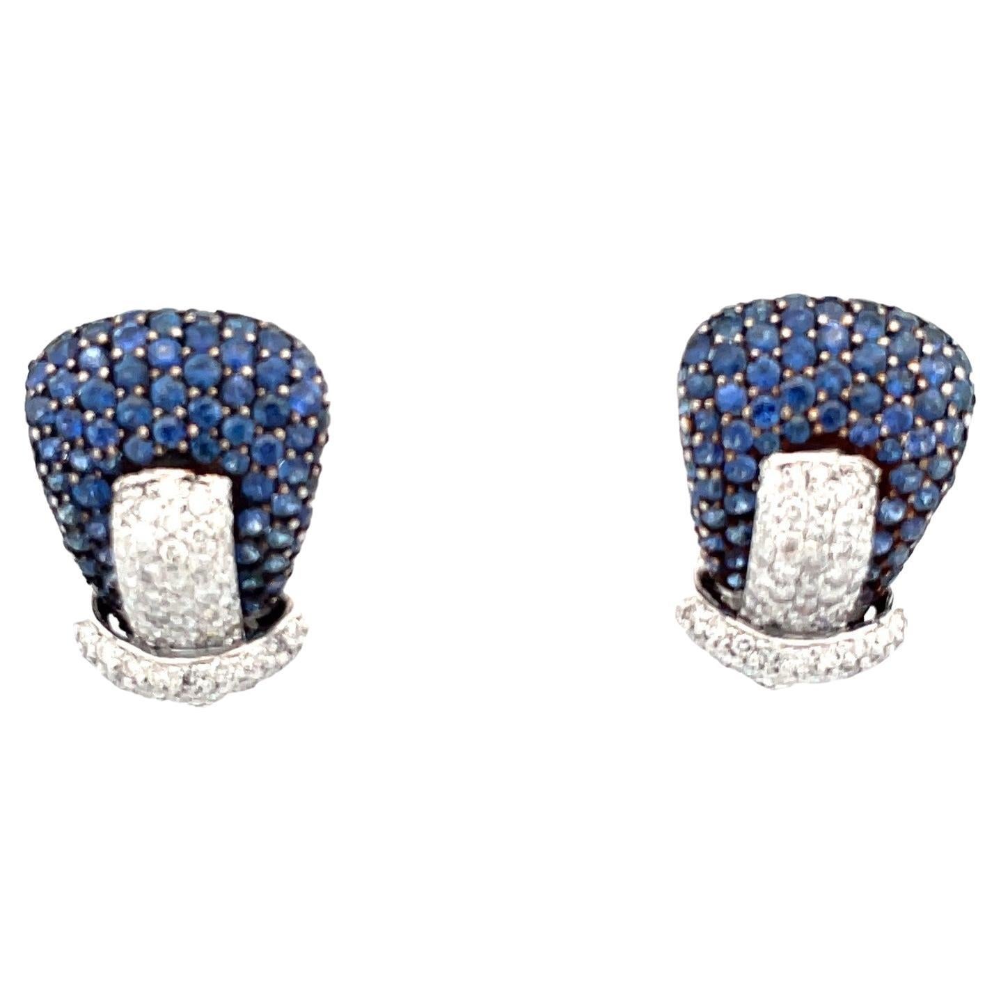 Pave Buckle Earrings With Natural Blue Sapphire & Diamond in 18 Karat White Gold For Sale