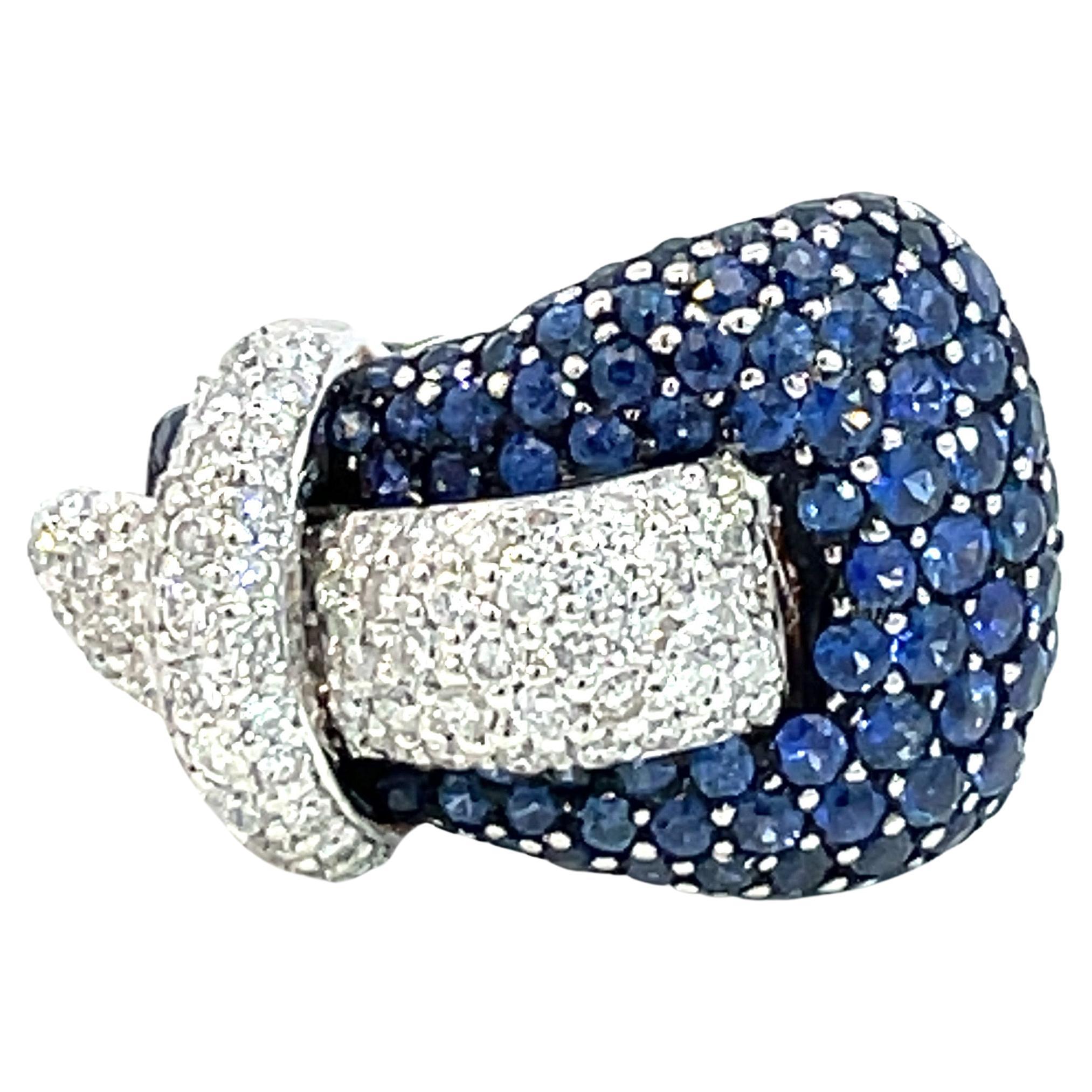 Pavé Buckle Ring with Natural Blue Sapphire & Natural Diamond in 18kt White Gold For Sale