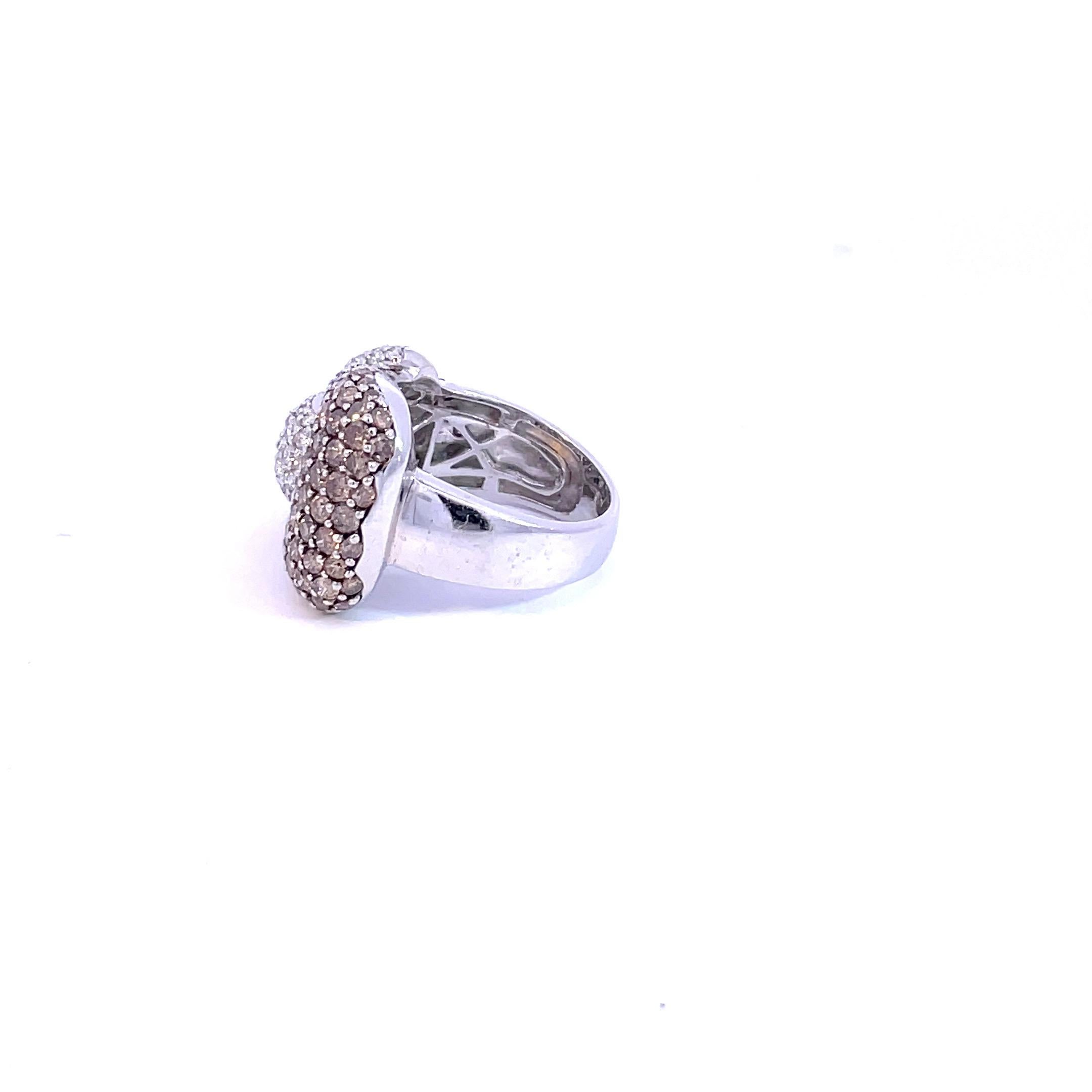 Round Cut Pavé Buckle Ring with Natural Brown & White Diamonds in 18 Karat White Gold For Sale