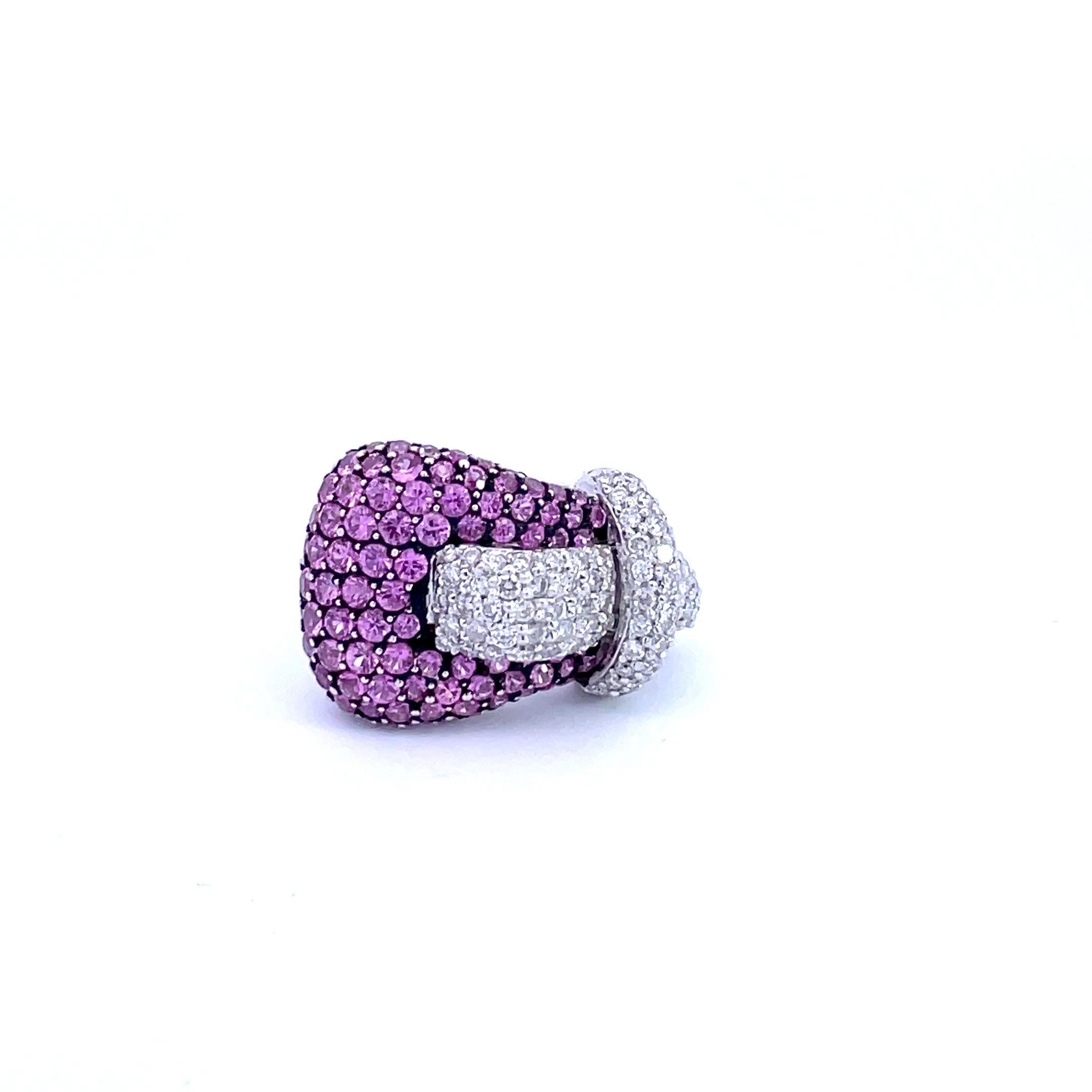 Contemporary Pavé Buckle Ring with Natural Pink Sapphire & Natural Diamond in 18kt White Gold For Sale