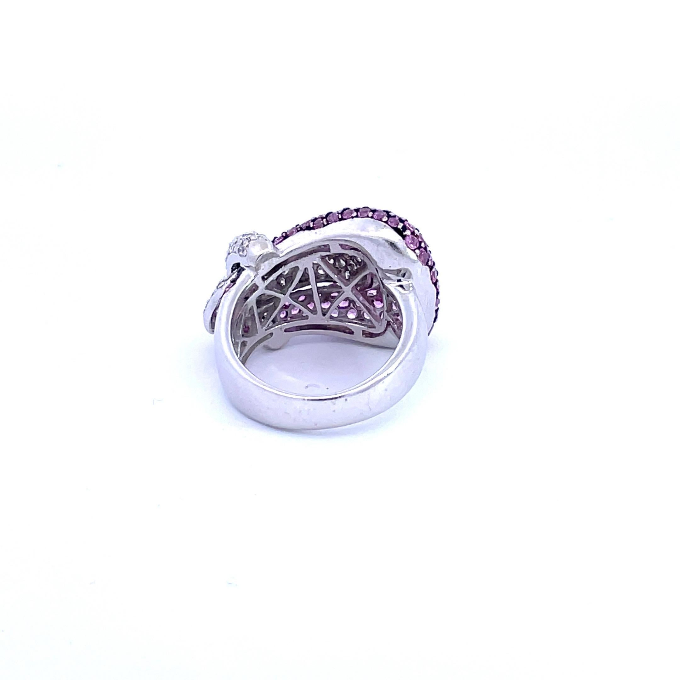 Round Cut Pavé Buckle Ring with Natural Pink Sapphire & Natural Diamond in 18kt White Gold For Sale