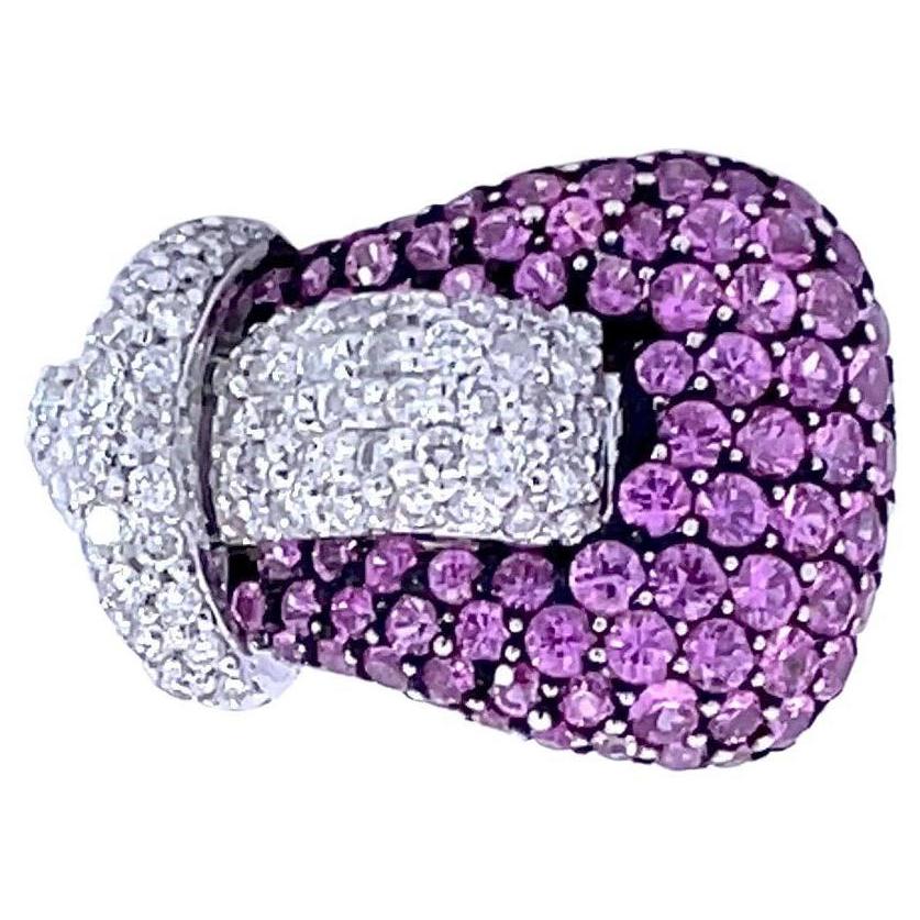 Pavé Buckle Ring with Natural Pink Sapphire & Natural Diamond in 18kt White Gold For Sale