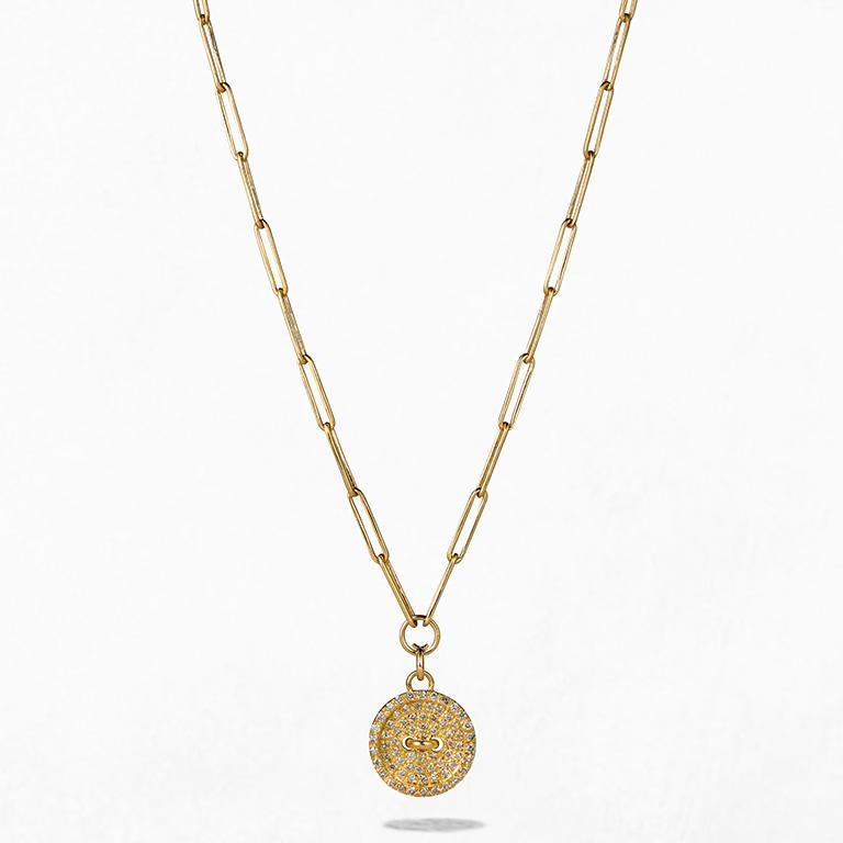 Pave Button Pendant Necklace, 14K Yellow Gold with White Diamonds For ...