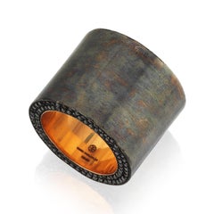 Pave Circular Cube 8k Gold and Oxidised Silver Ring with Black Diamonds