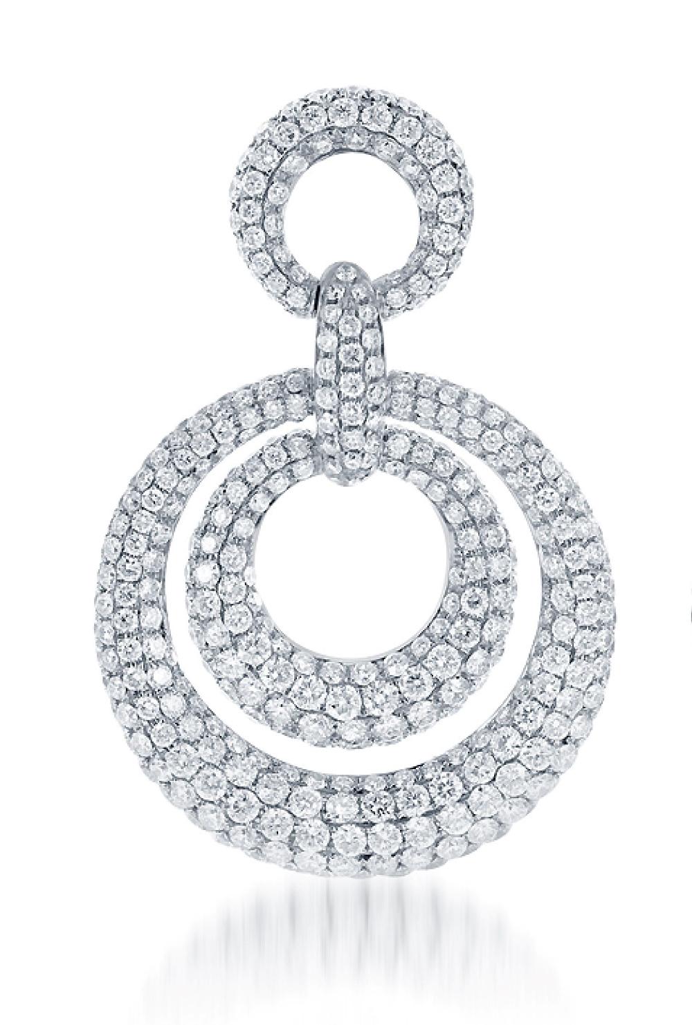 Incredible drop style earrings with a pattern of concentric circles intertwined. The pave setting style is made of of entirely round brilliant cut diamonds that total 8.73ct. These are crafted in 18kt white gold. Dazzling brilliance from every angle