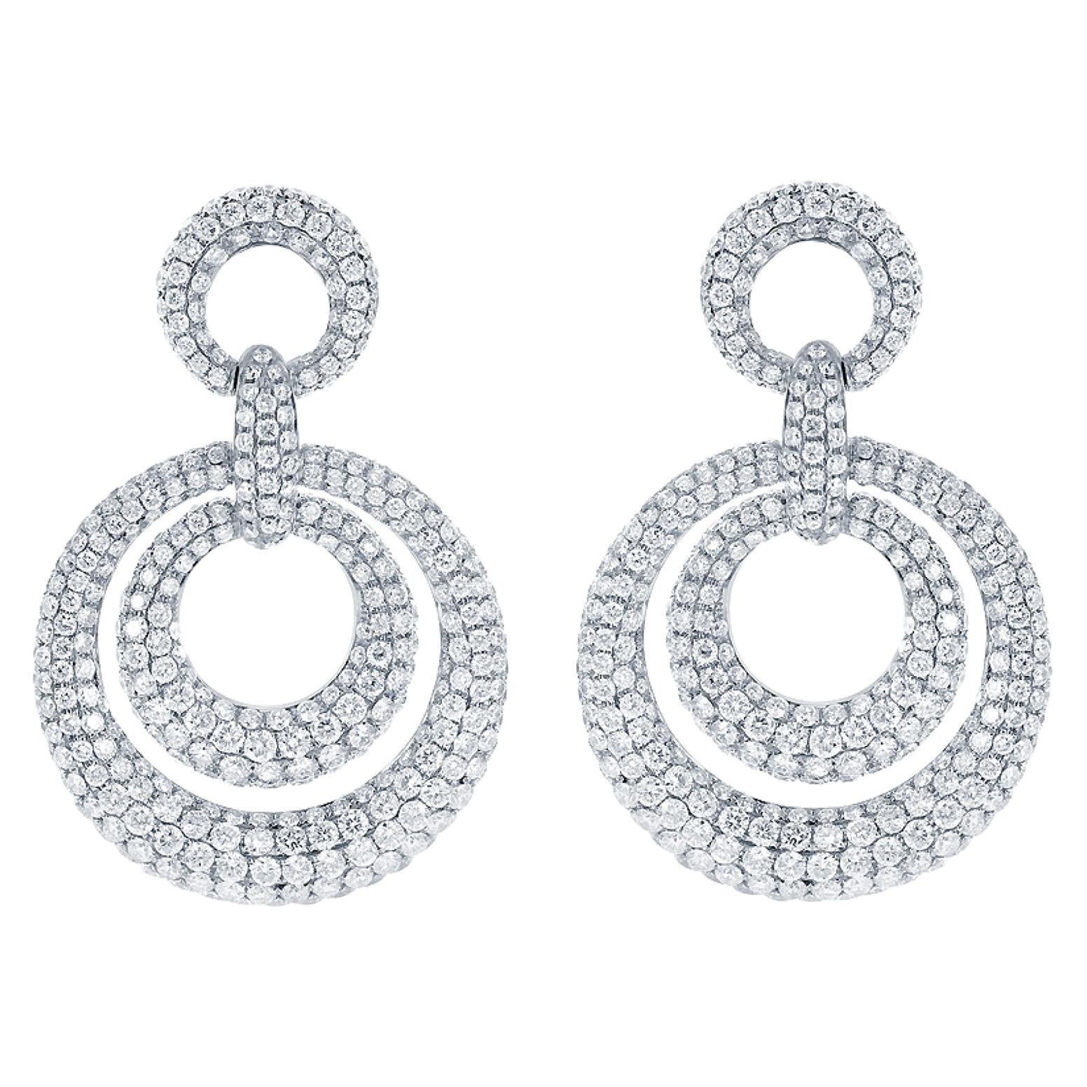 Pave Concentric Circles Drop Diamond Earrings, 8.73ct of Diamonds in 18kt Gold For Sale