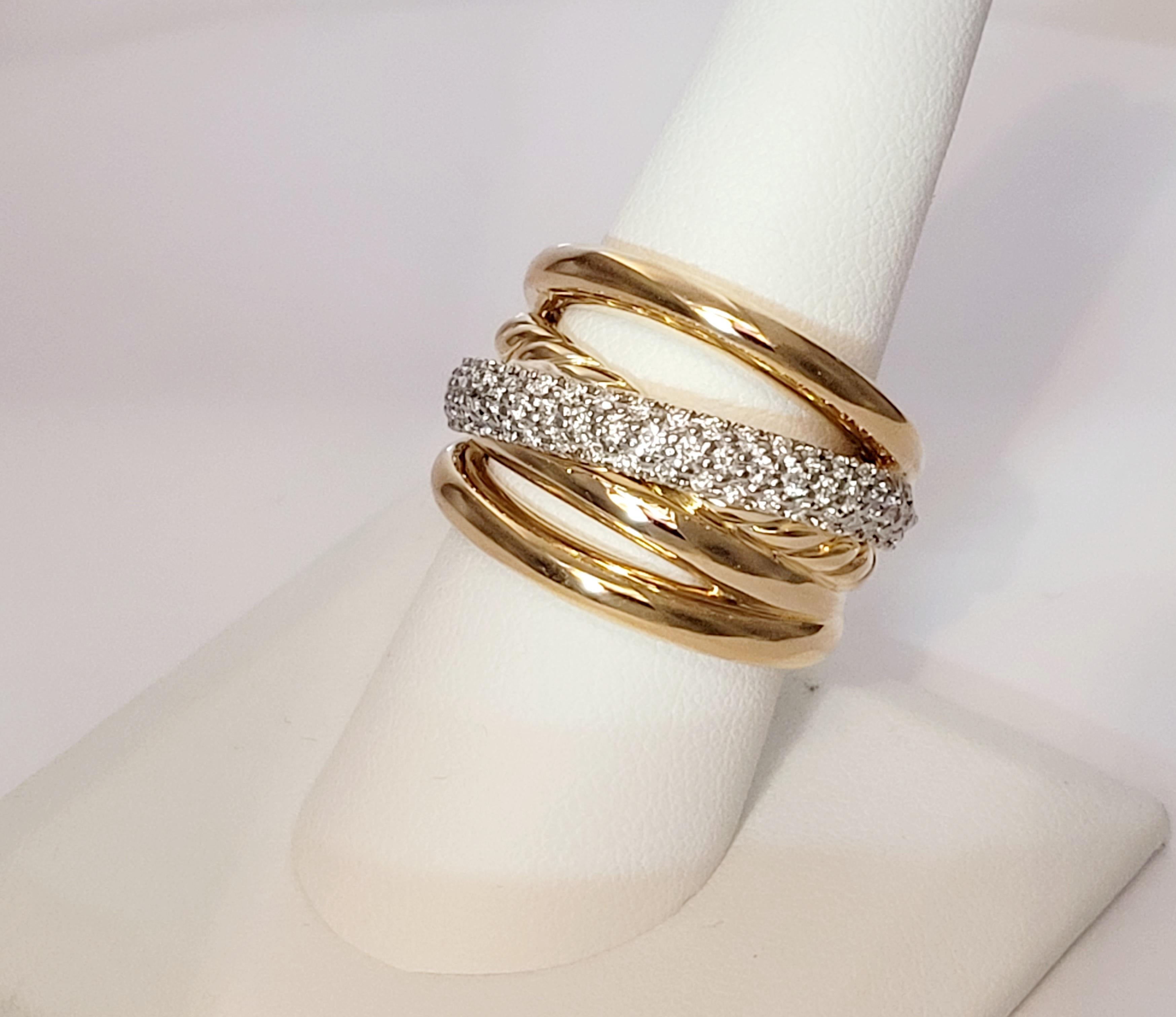 Pave Crossover Five Row Ring 18K Yellow Gold with Diamonds, 17.7mm In New Condition For Sale In New York, NY
