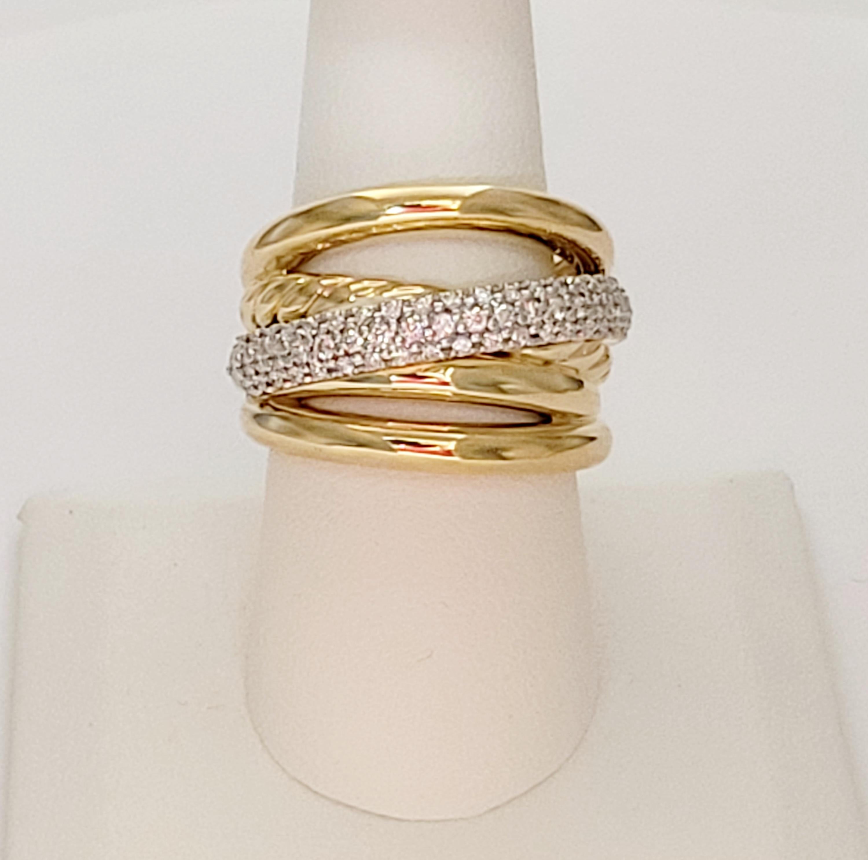 Pave Crossover Five Row Ring 18K Yellow Gold with Diamonds, 17.7mm For Sale 2