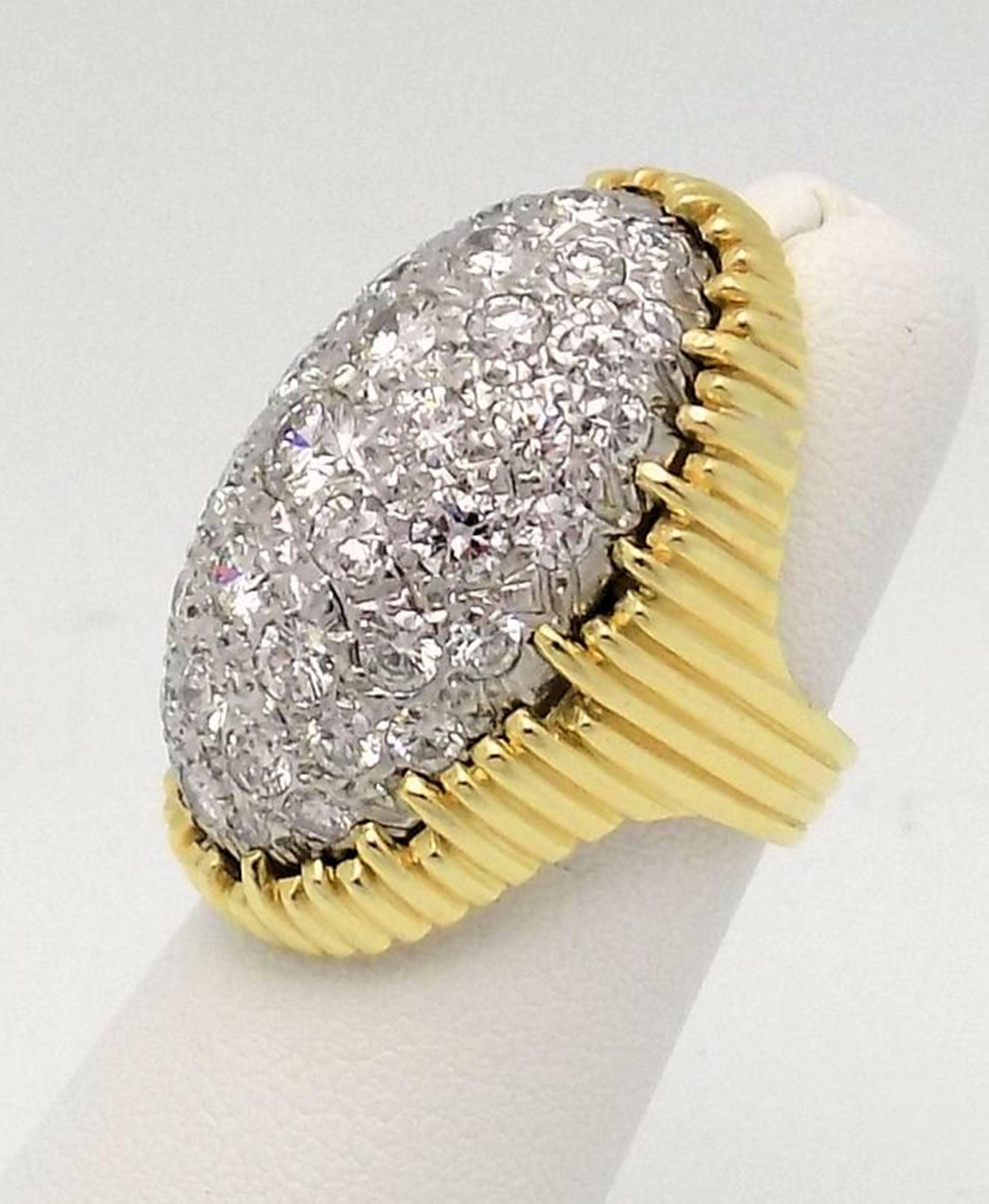 18 Karat Yellow Gold/White Gold Dome Ring with 45 Round Brilliant Diamonds 2.60 Carat Total  Weight VS-2/SI-1, G-H-I. (2 Chipped). Ribbed Design Shank. Finger Size 4.5; 10.2 DWT or 15.86 Grams. 