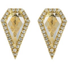 Pave Diamond 0.12cttw and White Topaz 1.20cttw Earrings 14K Yellow Gold