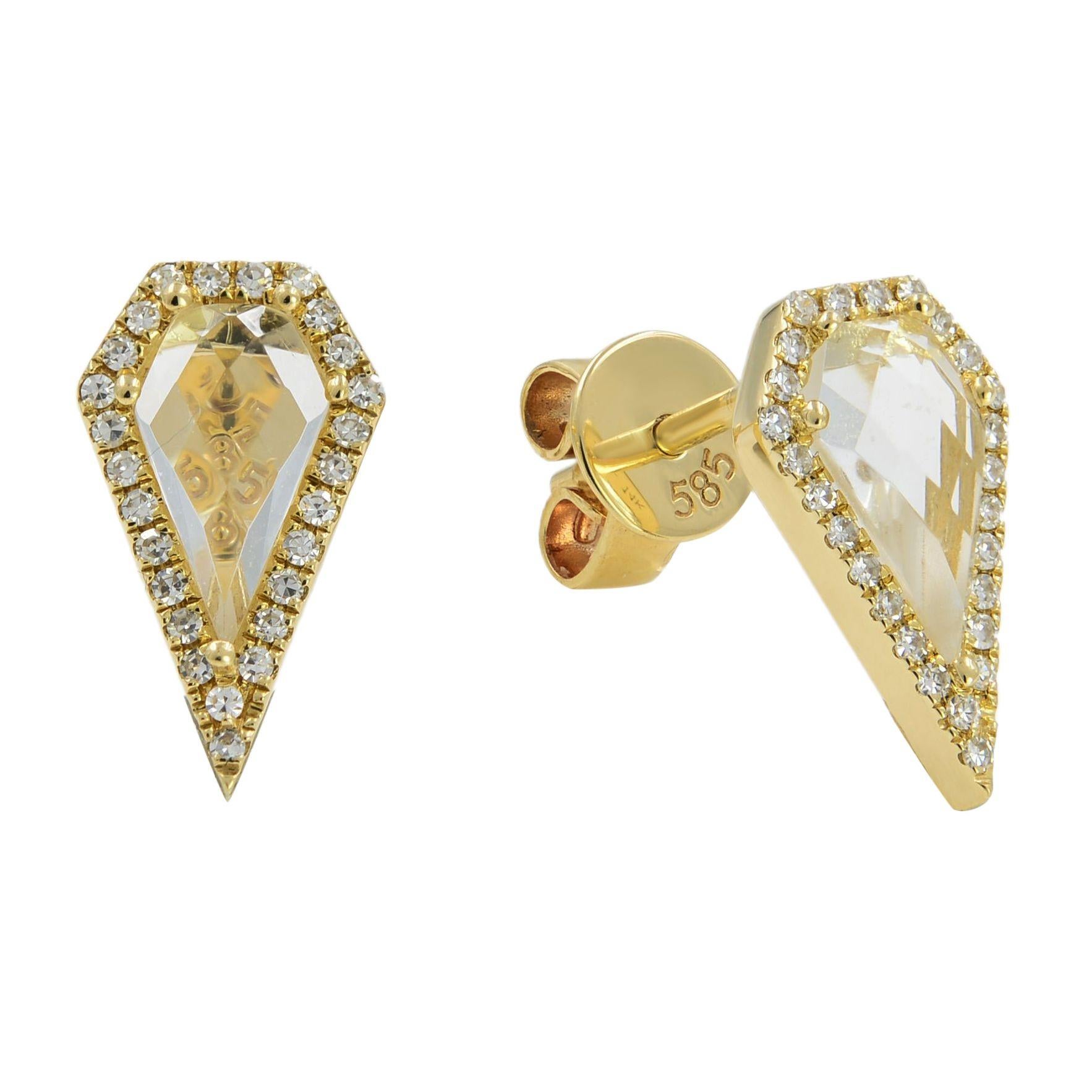 Round Cut Pave Diamond 0.12cttw and White Topaz 1.20cttw Earrings 14K Yellow Gold For Sale