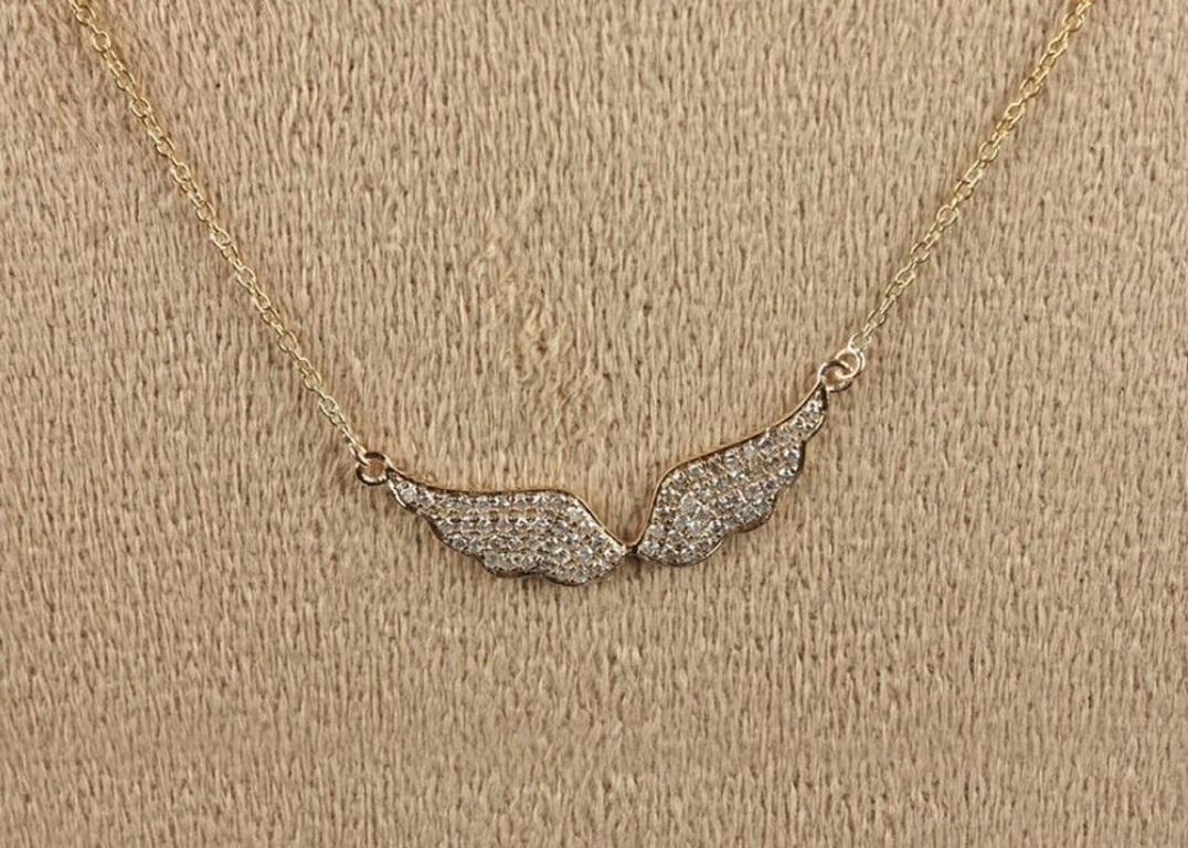 Angel Flying Wing Pendant Necklace with Pave Diamond in 14k Yellow Gold In New Condition For Sale In Chicago, IL