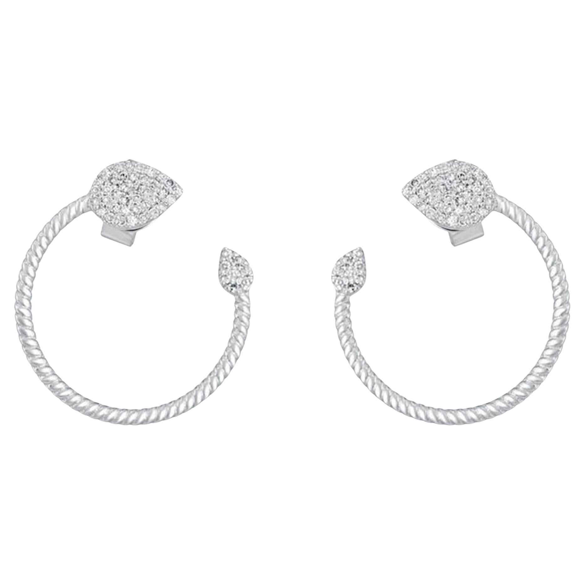 Pave Diamond 14K (or 18k upon request) White Gold Twisted Open Hoop Earrings For Sale