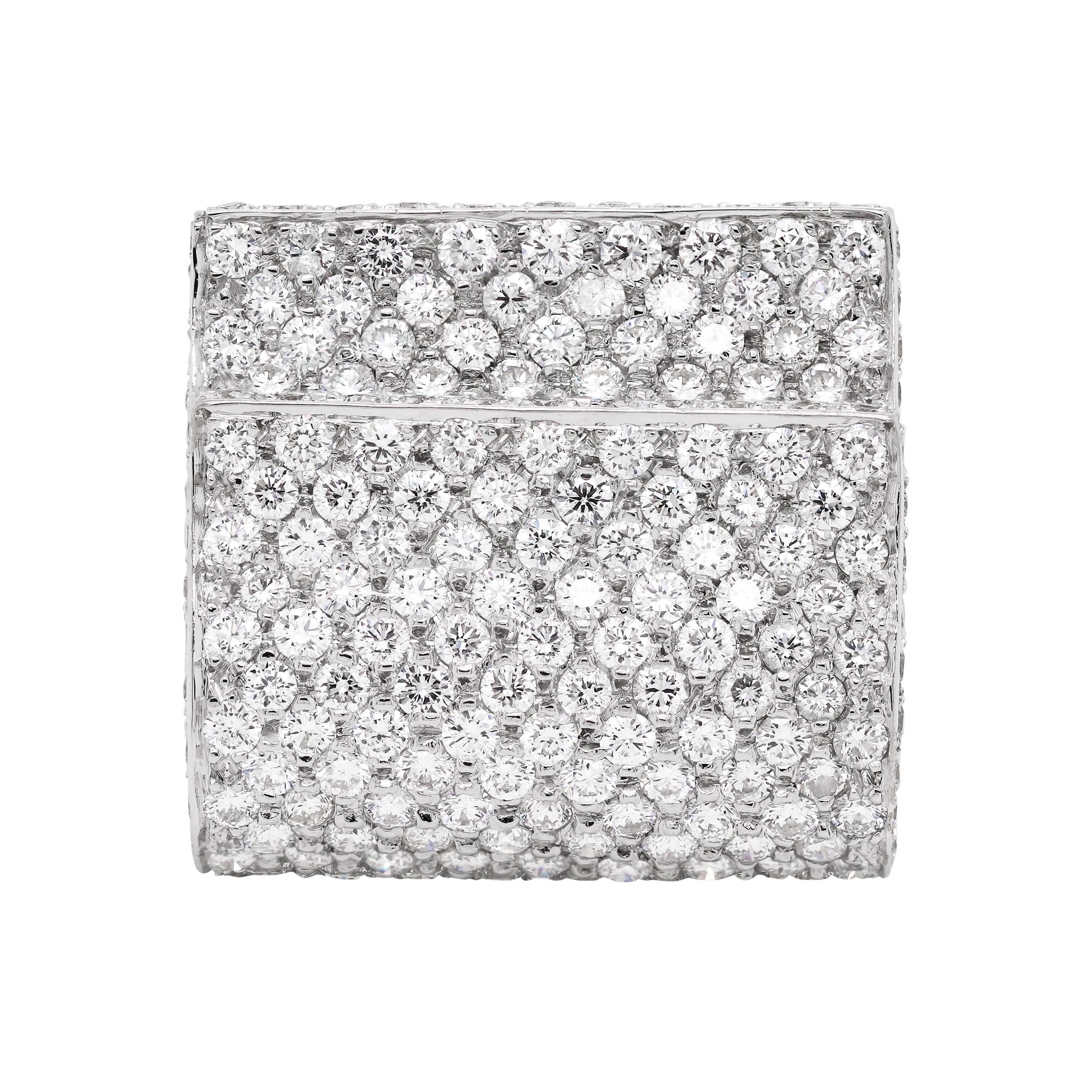 Unique cocktail ring featuring 231 round brilliant cut diamonds, all pavé set in open back settings, totalling to an approximate weight of 3.50ct. What makes this ring unique are the two overlapping layers of white gold meticulously inlaid with
