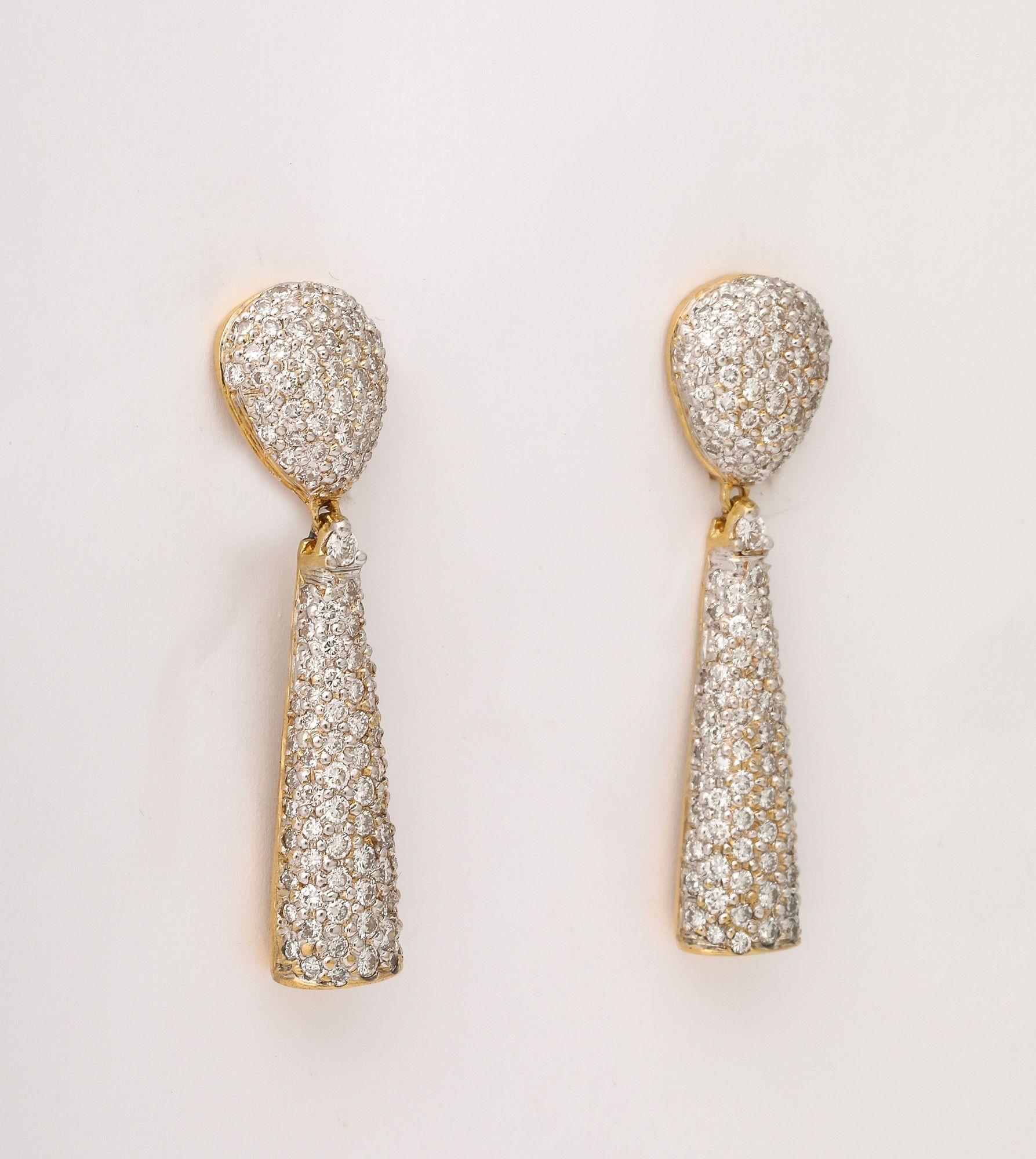 Pave Diamond 18 k Gold Drop Earrings For Sale 1