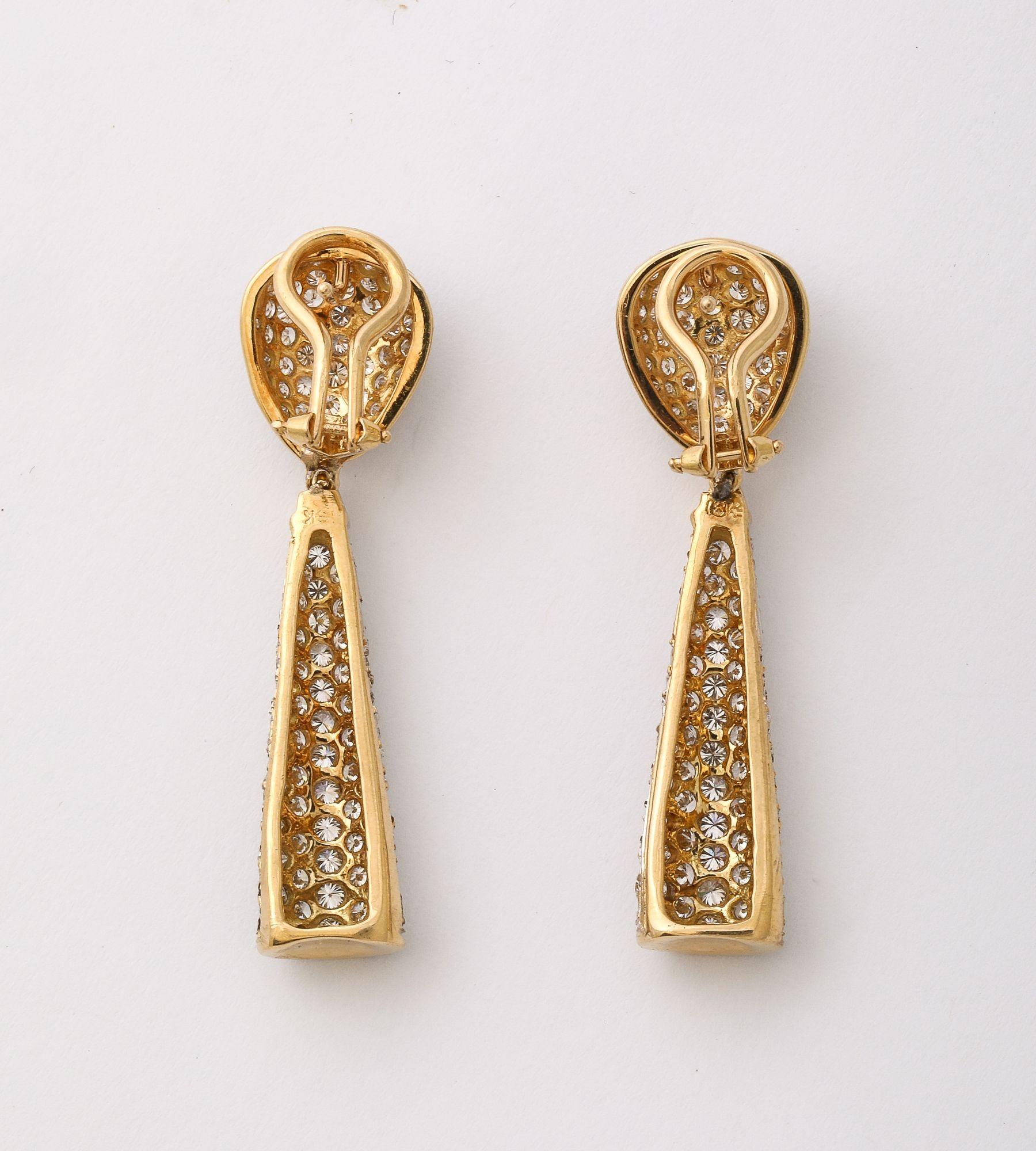 Pave Diamond 18 k Gold Drop Earrings For Sale 2