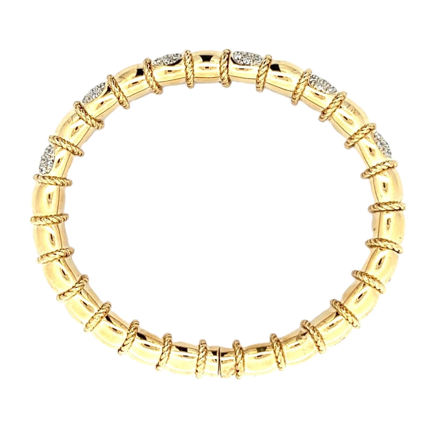 Modern Pavé Diamond 18 Karat Yellow Gold Flexible Cuff Rounded Bangle Bracelet For Sale