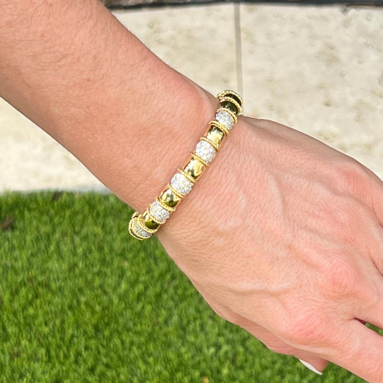 Pavé Diamond 18 Karat Yellow Gold Flexible Cuff Rounded Bangle Bracelet