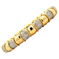 Vintage Pavé Diamond 18 Karat Yellow Gold Flexible Cuff Rounded Bangle Bracelet