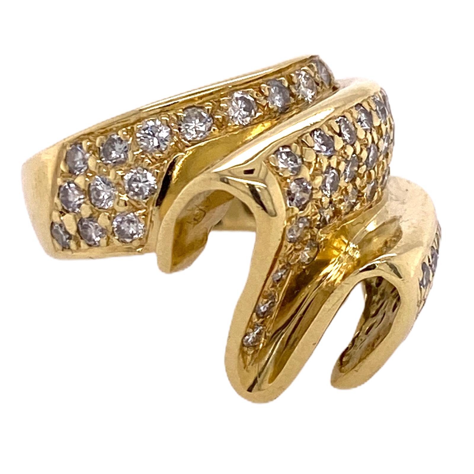 Round Cut Pave Diamond 18 Karat Yellow Gold Ribbon Right Hand Ring Contemporary Vintage