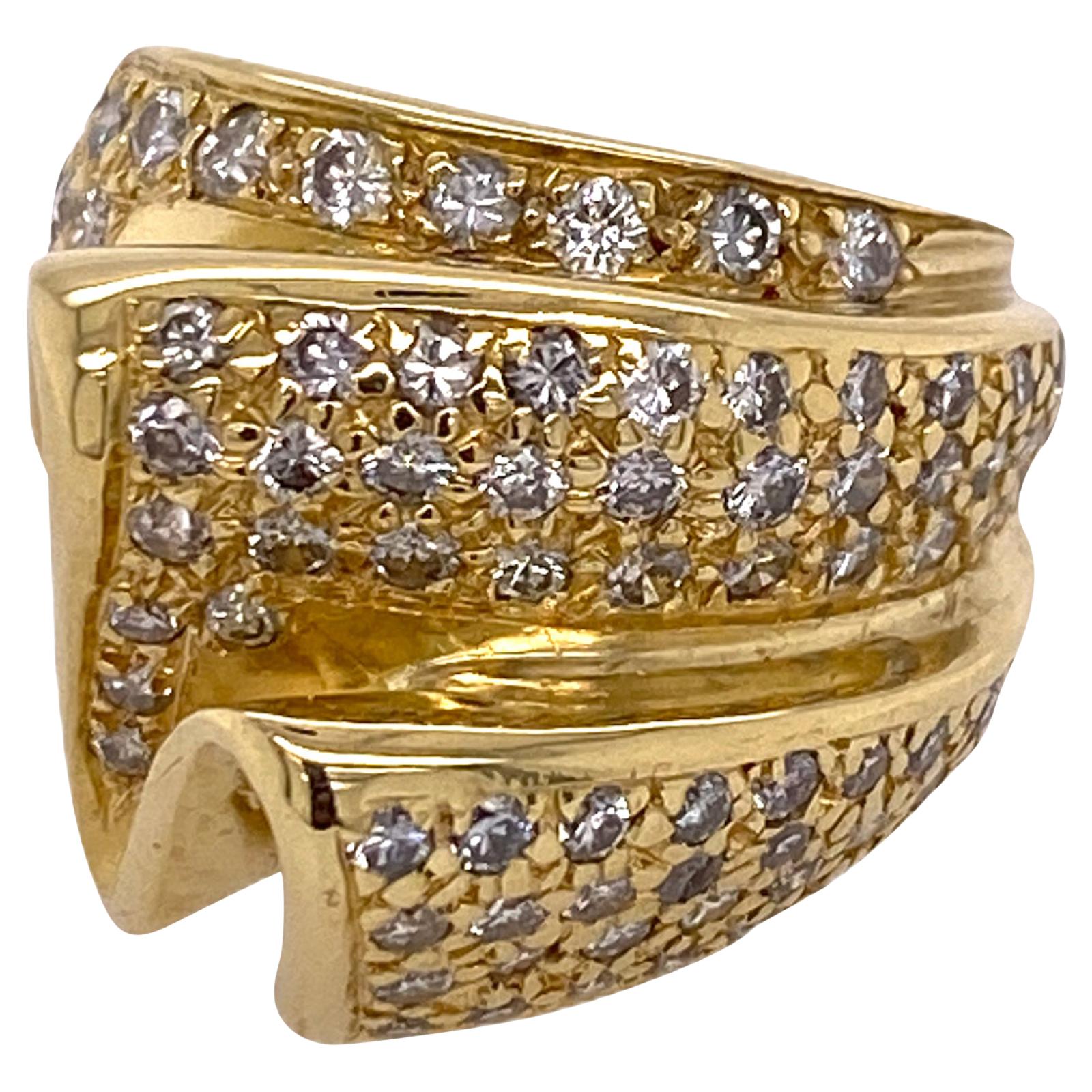 Pave Diamond 18 Karat Yellow Gold Ribbon Right Hand Ring Contemporary Vintage