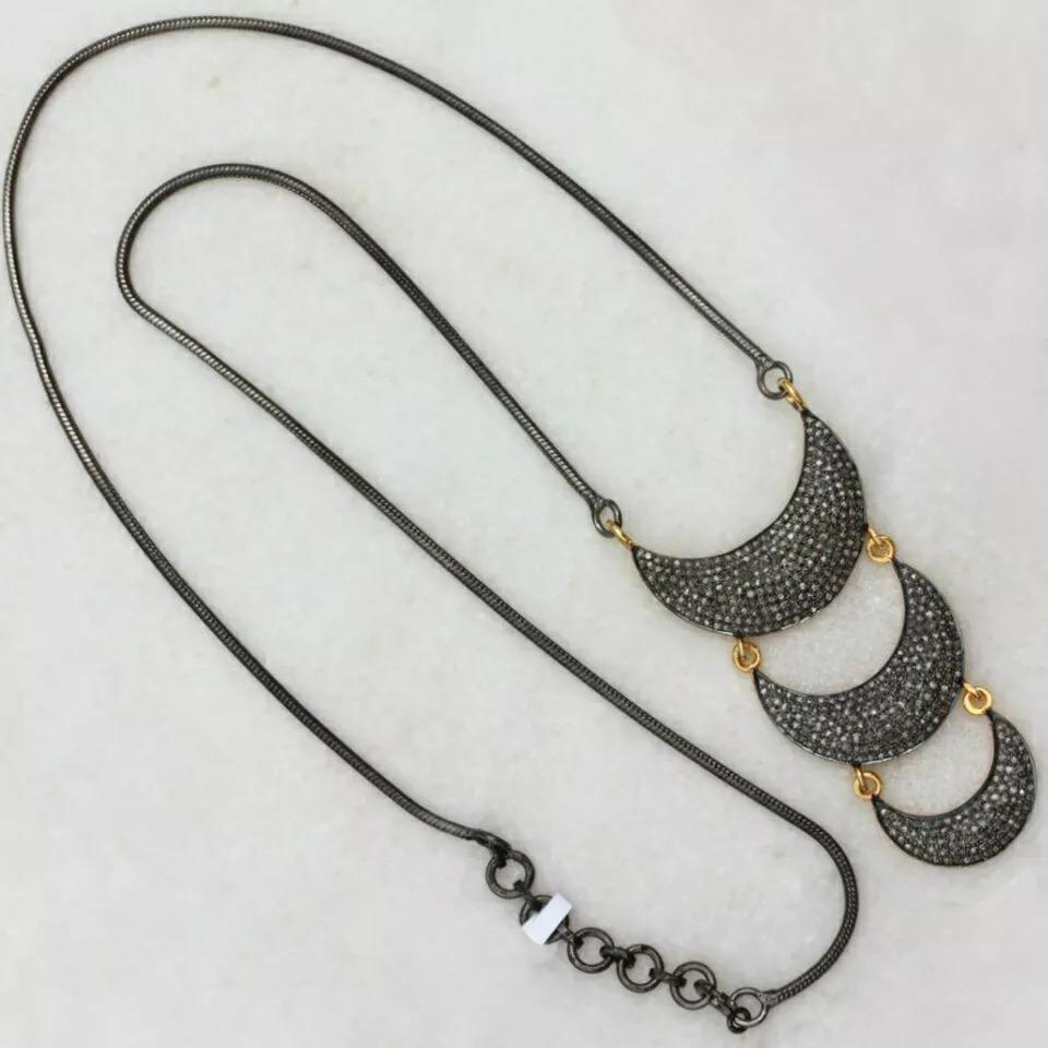 Round Cut Pave Diamond 3 Crescent Moon Necklace Religious Jewelry For Sale