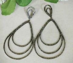 Pave Diamond 3 Layer Teardrop Pear Shape Dangle Clip Earring 14k Gold&925 Silver