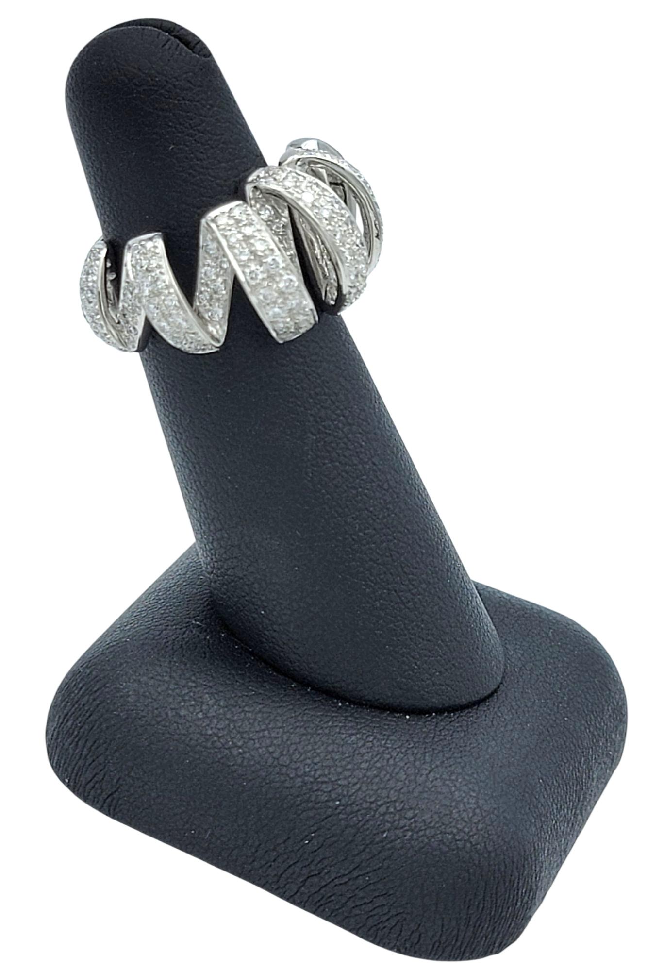 Pavé Diamond 3D Wavy Ribbon Motif Graduated Band Ring in Polished Platinum For Sale 7