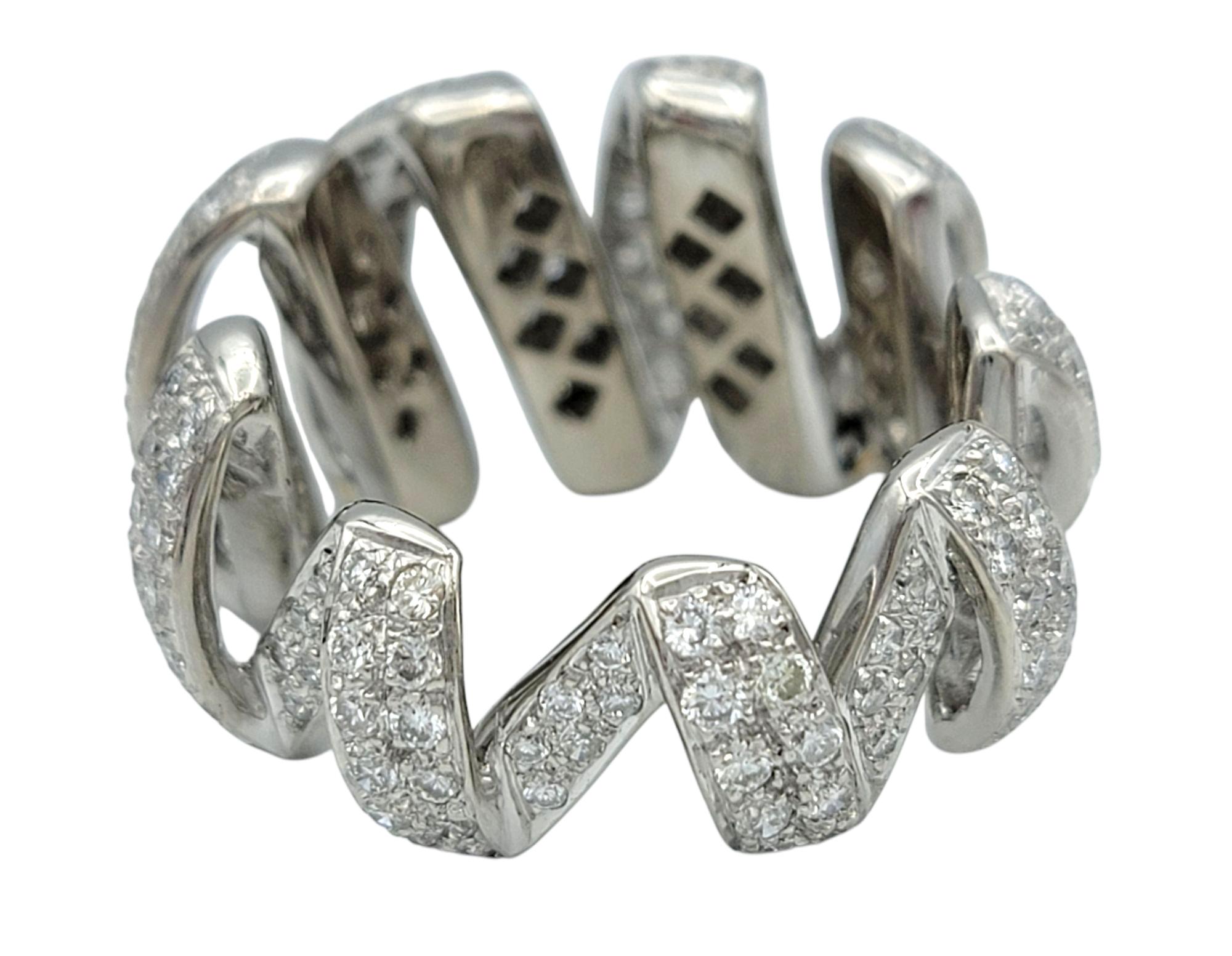 Women's Pavé Diamond 3D Wavy Ribbon Motif Graduated Band Ring in Polished Platinum For Sale