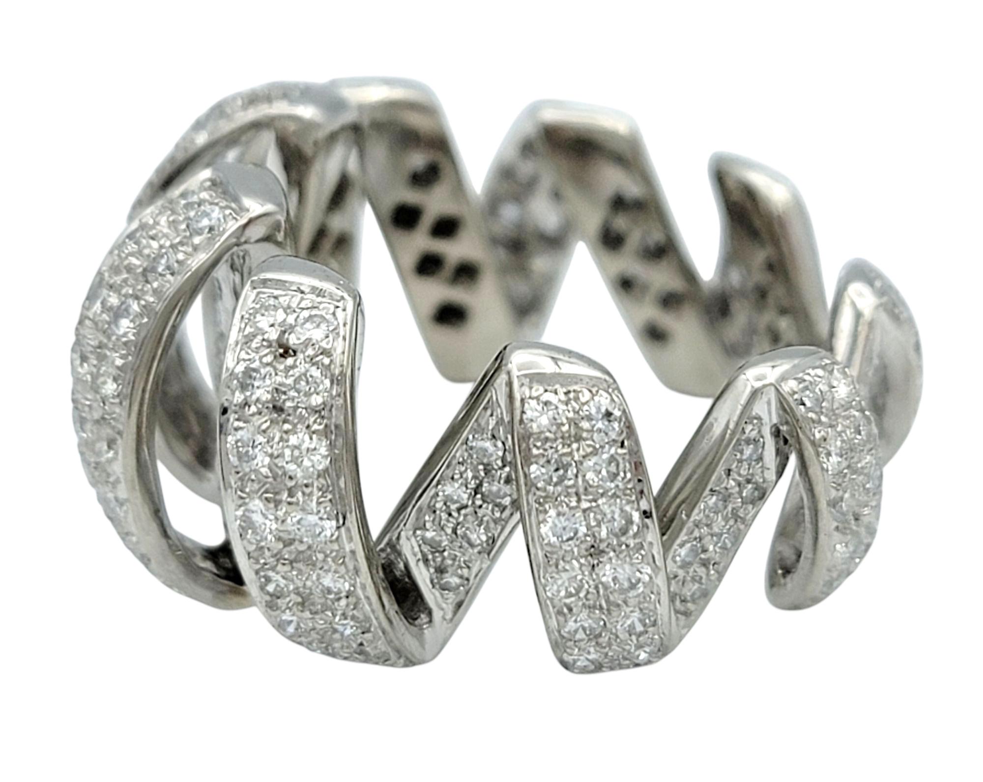 Pavé Diamond 3D Wavy Ribbon Motif Graduated Band Ring in Polished Platinum For Sale 1