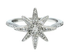 Pavé Diamond 8-Point Star Motif Band Ring in Polished 14 Karat White Gold