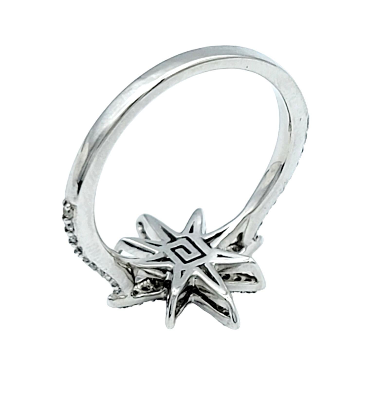 Contemporary Pavé Diamond 8-Point Star Motif Band Ring in Polished 14 Karat White Gold For Sale