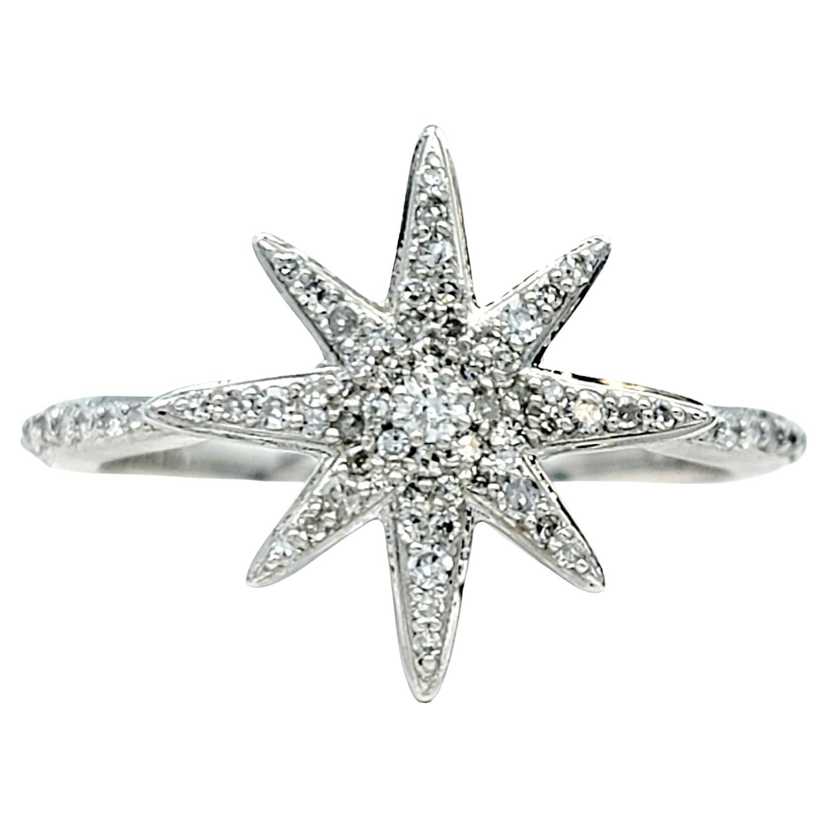 Pavé Diamond 8-Point Star Motif Band Ring in Polished 14 Karat White Gold For Sale