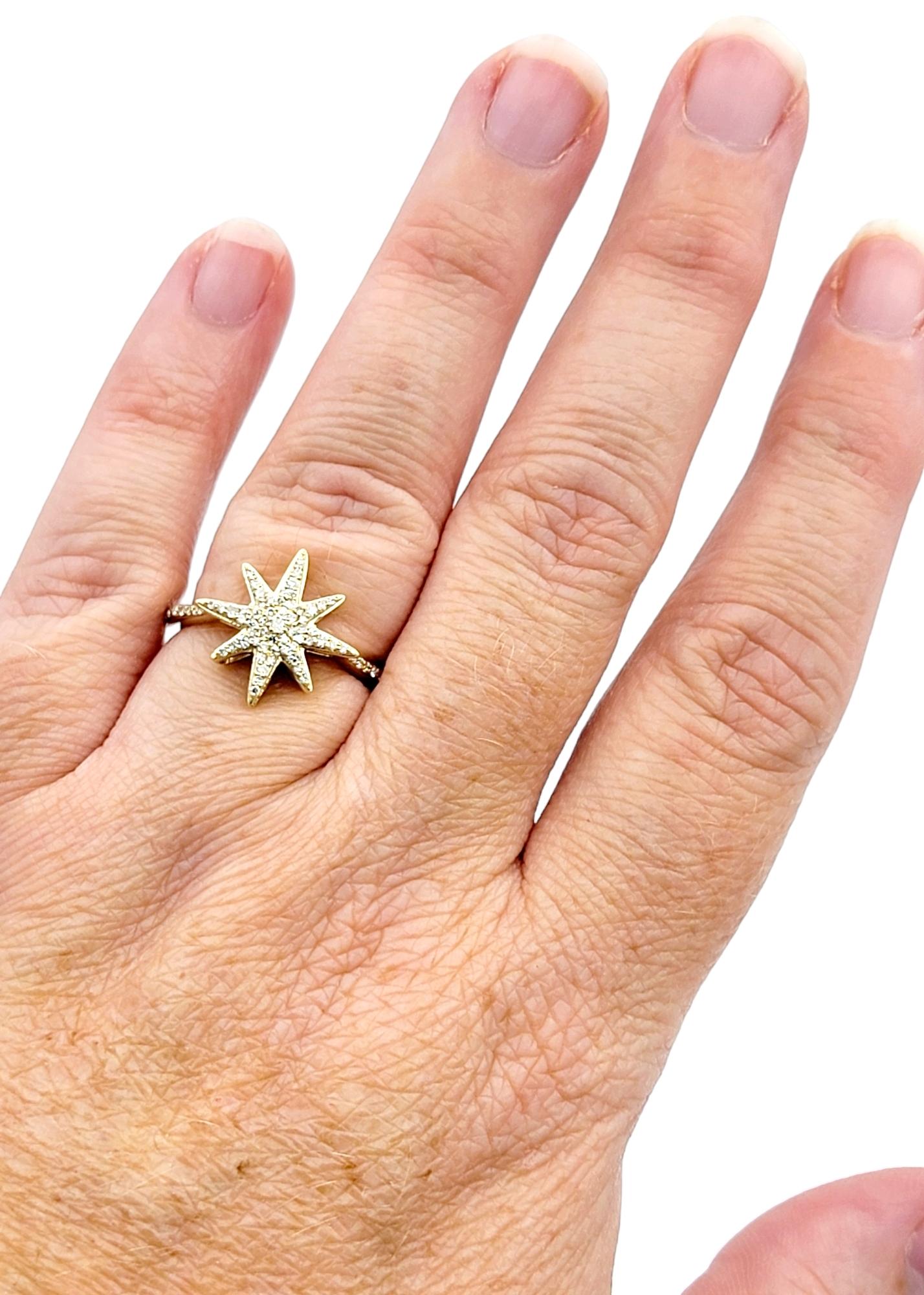 Round Cut Pavé Diamond 8-Point Star Motif Band Ring in Polished 14 Karat Yellow Gold For Sale